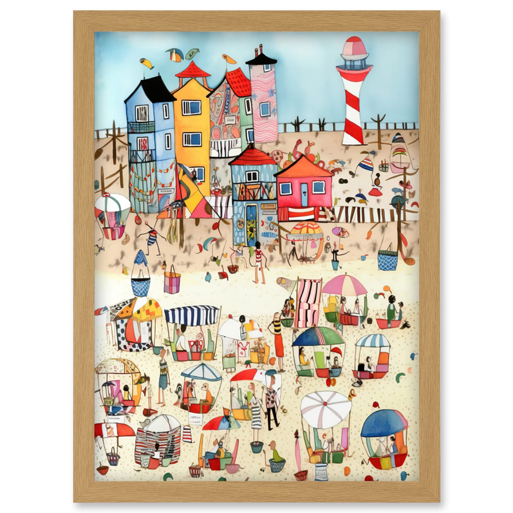 Abstract Folk Art Print - Day At The Seaside Artwork - Framed Wall Art - Light Oak Frame - A4