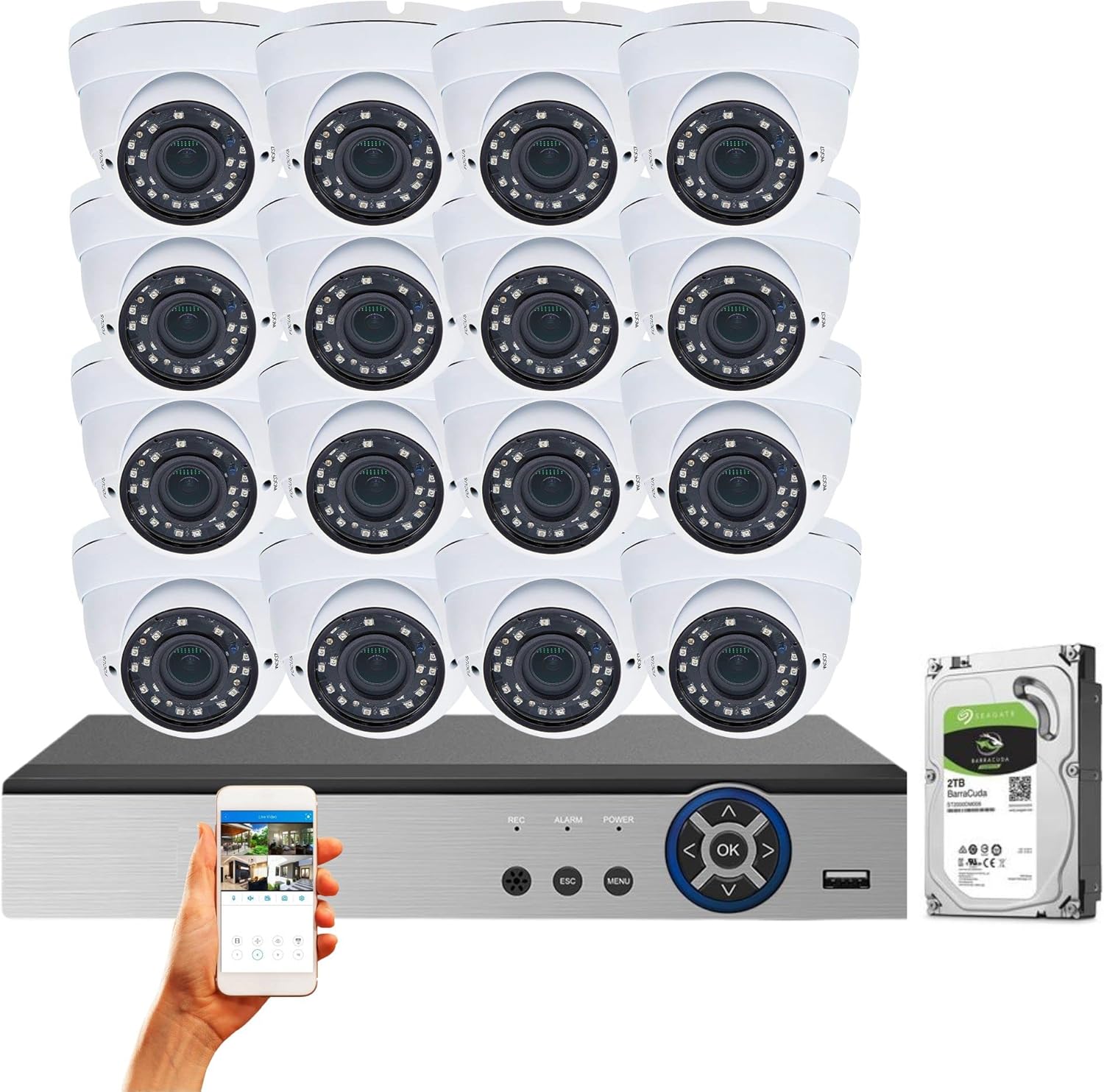 Evertech 16 Channel HD DVR w/ 16 pcs 4in1 AHD TVI CVI Analog 1080P Manual Zoom Lens Dome CCTV Security Camera System w/ 2TB Hard Drive