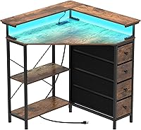 VENNQD Corner Triangle Computer Desk with Drawers, Shelves, Power Outlets & RGB LED Lights for Small Spaces - Gaming Home Office (Brown)