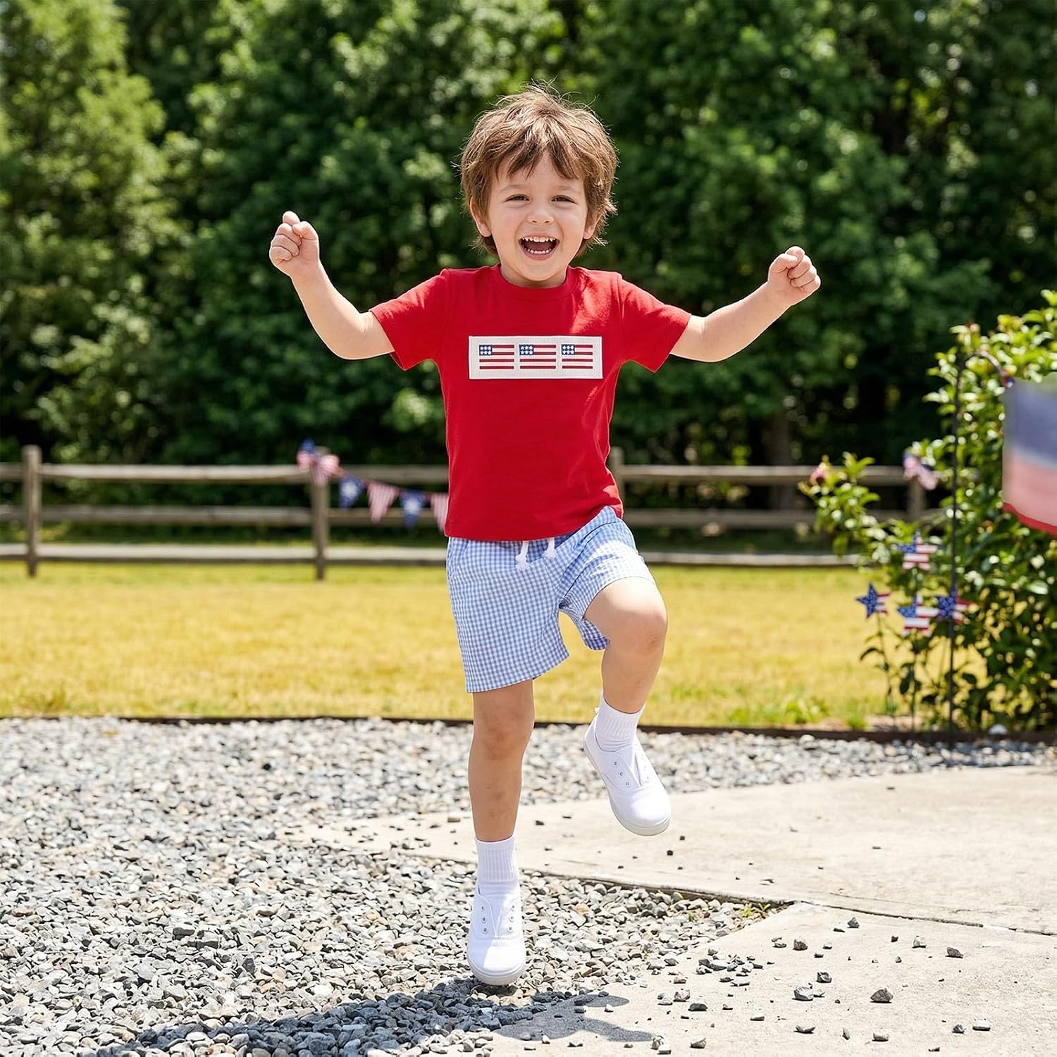 Toddler Baby Boy 4th of July Outfit American Flag Embroidery Smocked Short Sleeve T Shirt Top and Plaid Shorts Set