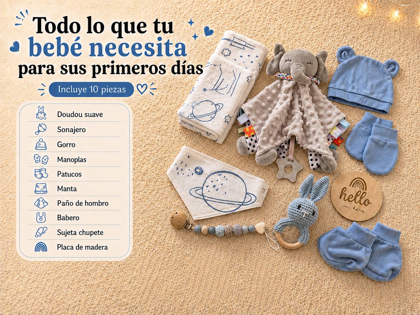 Canastilla Bebé Recién Nacido - Cesta Bebé Recién Nacido Niño – Incluye: Doudou Bebe, Sonajero, Portachupetes, Manta, Babero y Otros Textiles Esenciales algodón 100% orgánico hipoalergénico