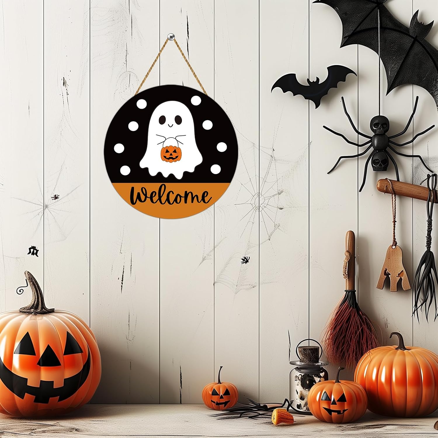 Halloween Decorations Indoor Halloween Wreath Front Door Decorations Cute Ghost Decor Welcome Sign Wreath Wooden Front Door Hanger Ghost Hanging Sign for Porch Wall Indoor Home Decorations