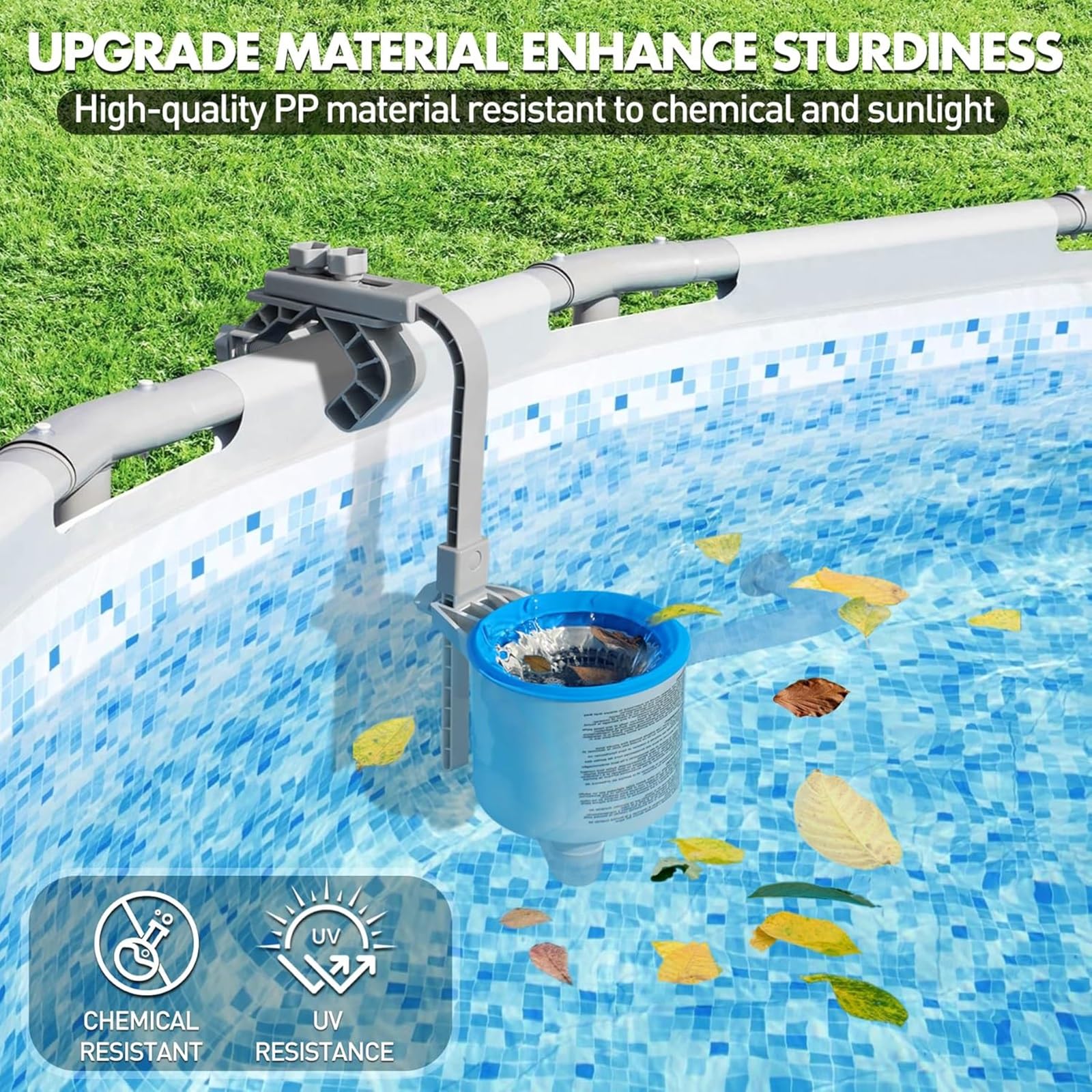 Skimmer per piscina fuori terra con staffa regolabile, cestino rimovibile per una raccolta efficiente dei detriti, ideale per una manutenzione rapida ed efficace della piscina