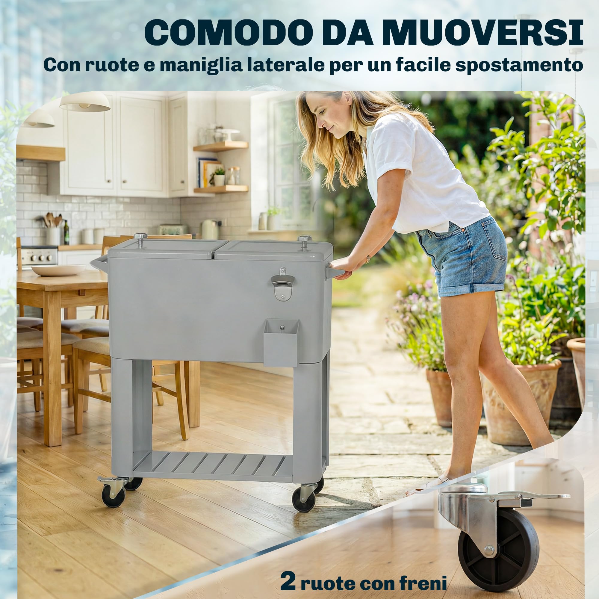Outsunny Ghiacciaia da Giardino 76L, Carrello Portavivande con Ripiano, Apribottiglie, Ruote Bloccabili, Argento