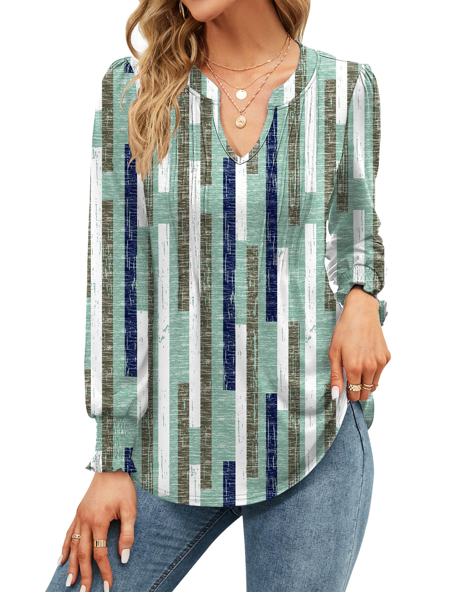 Womens V Neck Tops Puff Short Sleeve T-Shirt Pleated Floral Printed Tunic Blouse Shirts — view 22