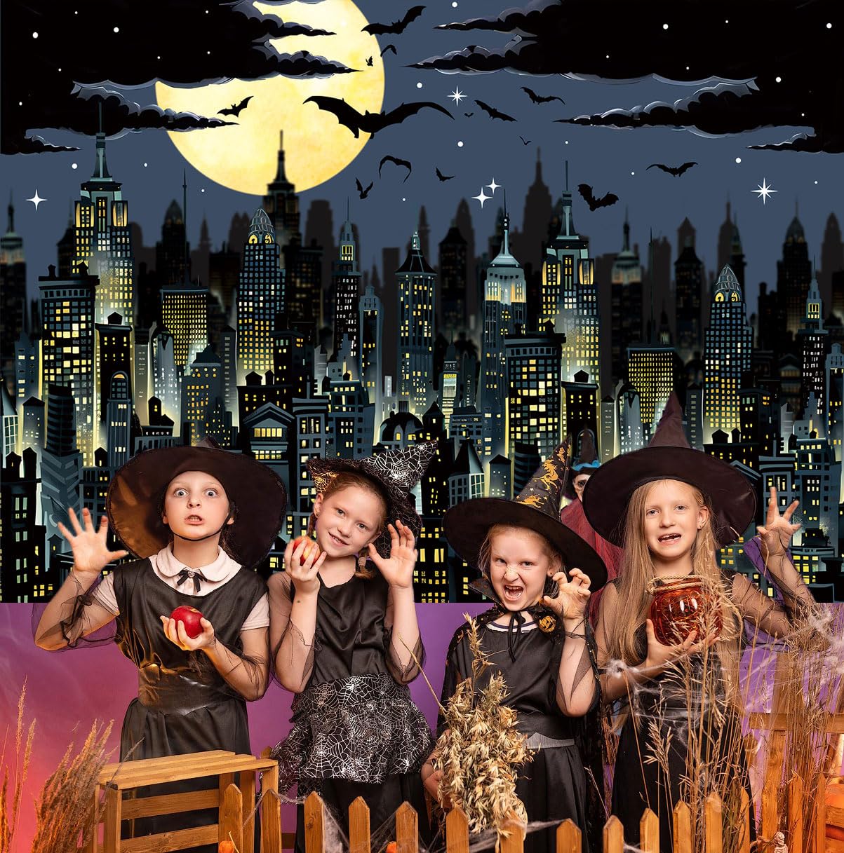 Super City Photography Backdrop 8x6FT Yellow Full Moon Skyline Cityscape Superhero Background City Theme Boys Birthday Party Banner Decorations Photo Props - View #11