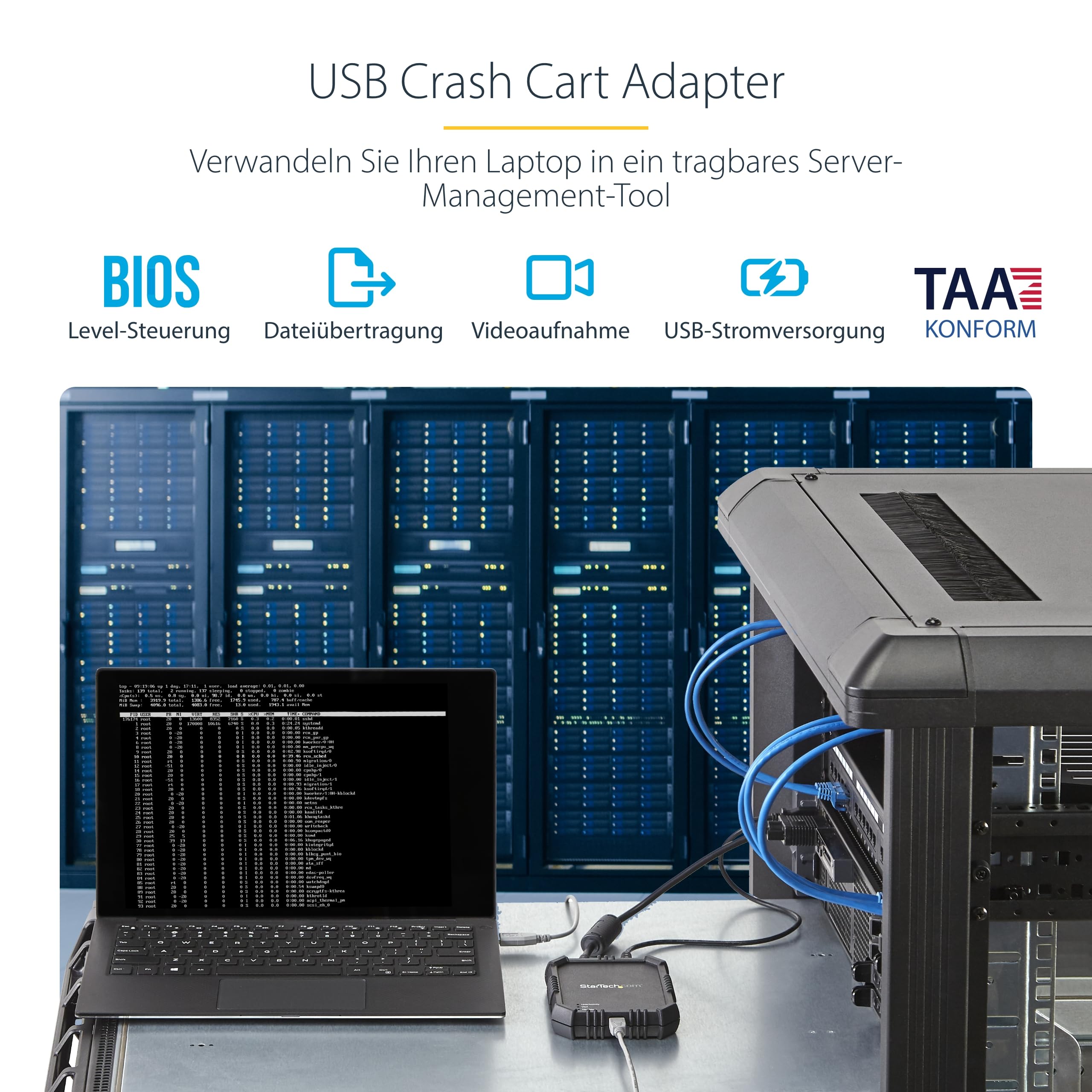 StarTech.com USB 2.0 KVM Konsole Mobiler Laptop Crash Cart Adapter mit Datenübertragung und Videoaufnahme KVM-Switch 1 x ports 1 lokaler Benutzer Desktop | Robustes gummiertes Gehäuse, KVM-Konsole für Headless-Geräte/Server/ATM/POS, BIOS-Ebene, USB