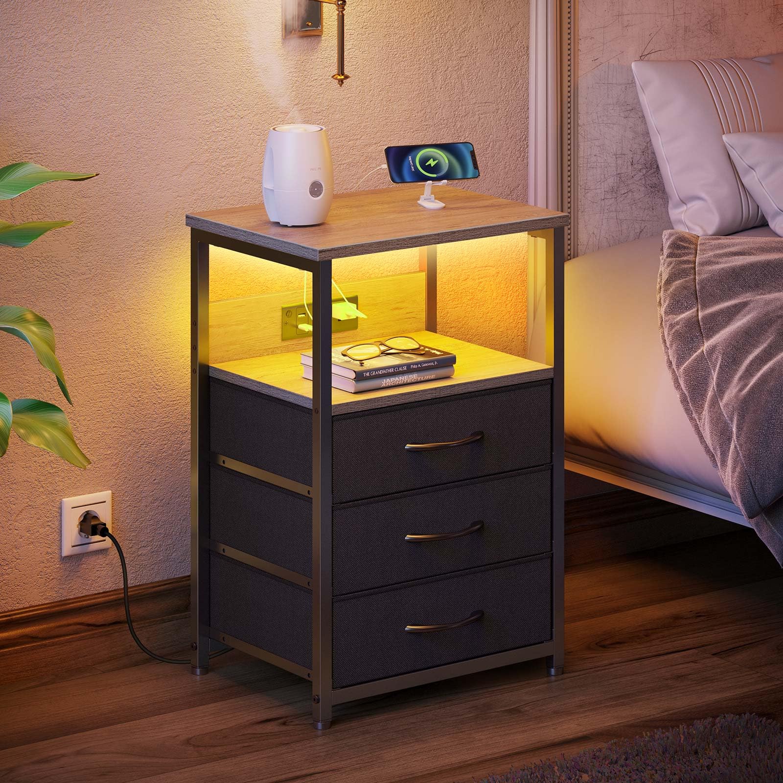 Seventable Nightstand with Charging Station and LED Light, Set of 2 Side Table with 3 Fabric Drawers, Bedside End Table with USB Ports and Outlets, Night Stand for Bedroom, Greige