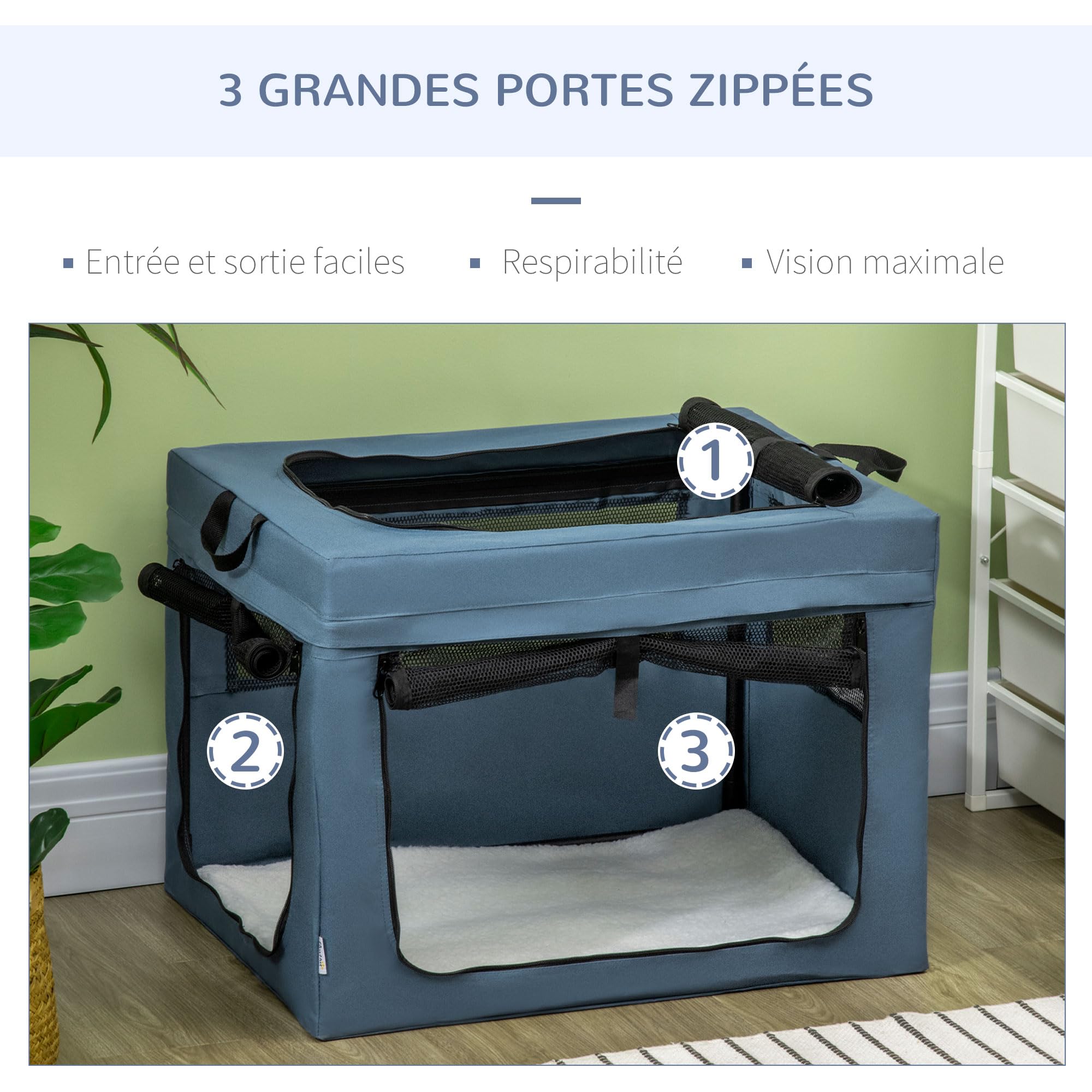 PawHut Sac de Transport Pliable pour Animaux de Compagnie avec poignée Ouverture supérieure Tissu en Maille - 69 x 51 x 51 cm - Bleu Noir