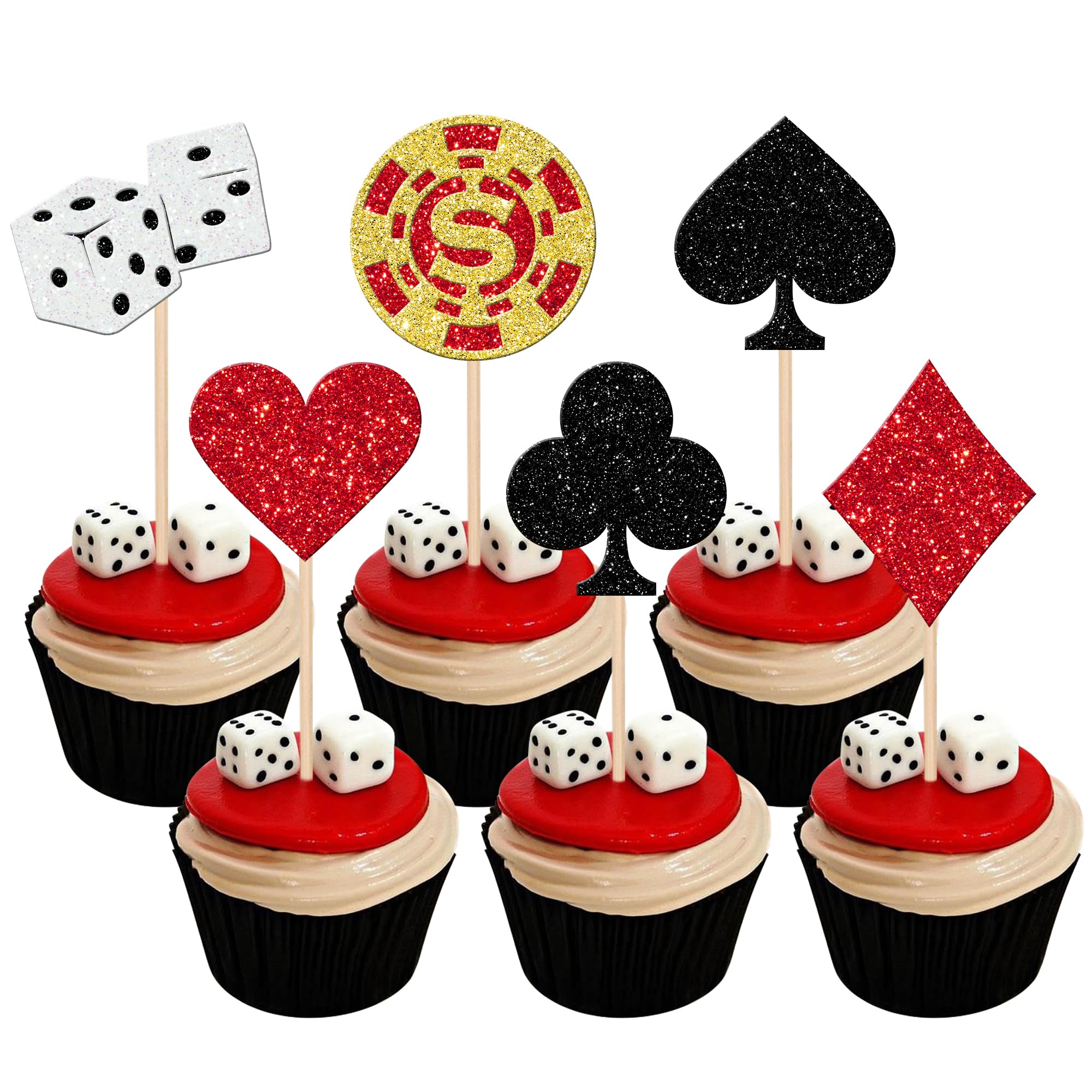 24 PCS Casino Cupcake Toppers Glitter Poker Game Chips Player Las Vegas Theme Gambling Cupcake Picks for Las Vegas Casino Night Poker Theme Birthday