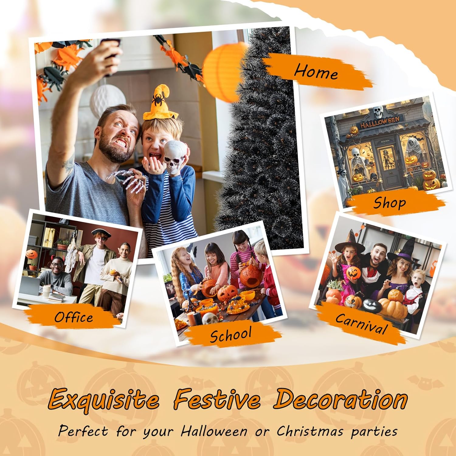 HAPPYGRILL 8 FT Pre-lit Black Christmas Tree, Artificial Halloween Tree w/860 Branch Tips, Frosted Pine Needles, 450 White LED Lights, Folding Metal Stand & Gloves, Hinged Xmas Tree for Carnival