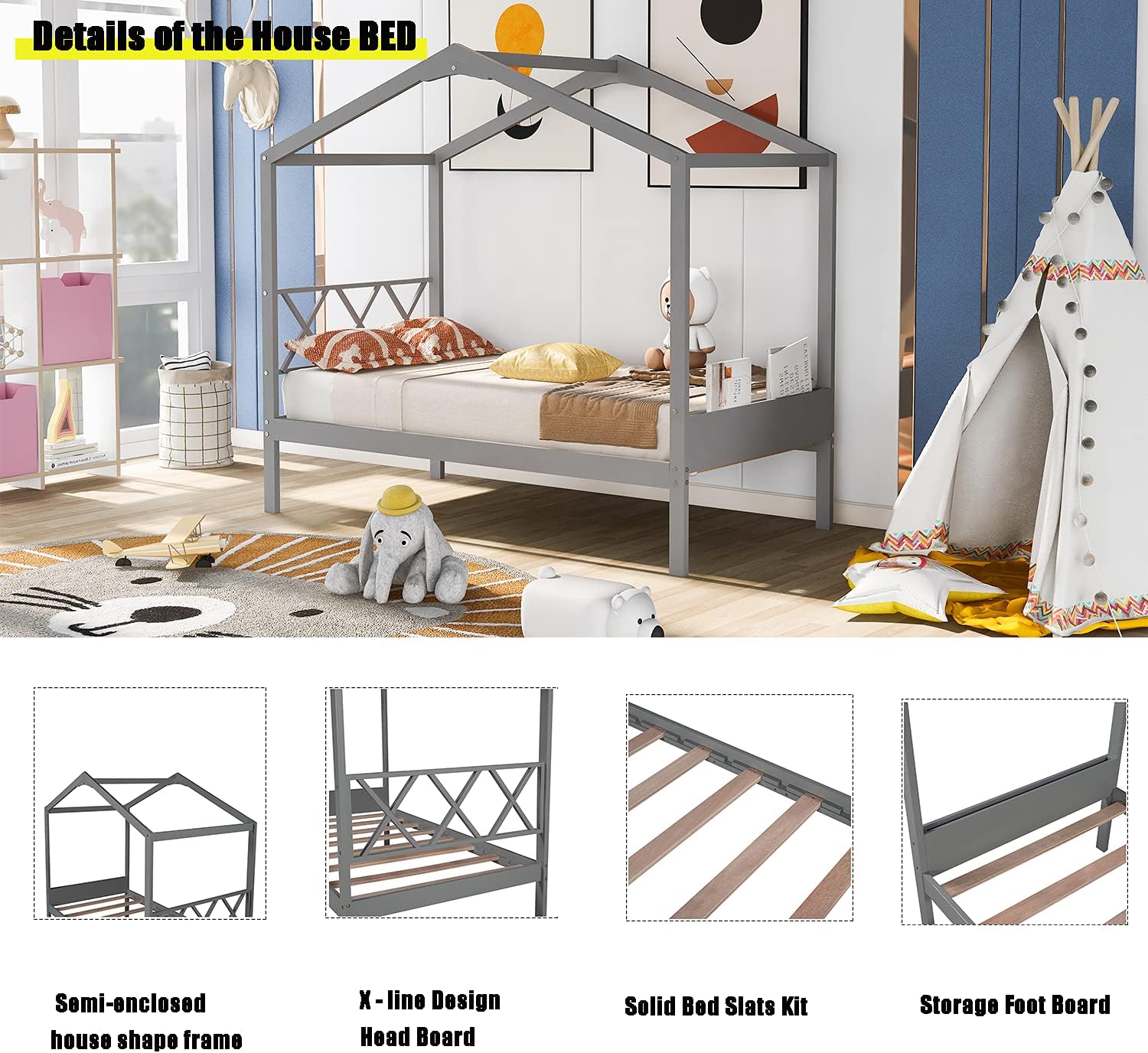 Twin House Bed for Kids Montessori Bed with Headboard and Storage Footboard Wood Platform Bed Frame Gray House Beds for Girls Boys Teens Adults, Twin Size, Gray