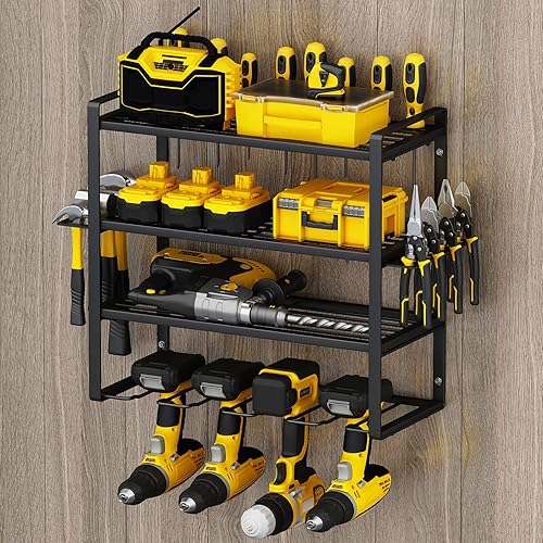 Warome Power Tool Organizer, Drill Holder Wall Mount, 4 Layers Heavy Duty Metal Garage Storage Shelf,High Capacity Cordless Tool Organizer,Utility Storage Rack for Cordless Drill Charging Station