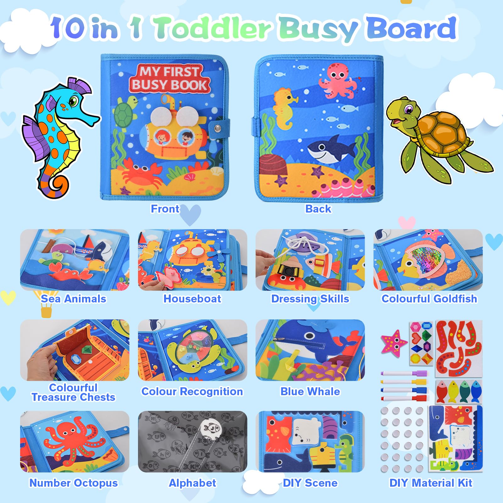AIGOCITY Busy Board Montessori Toy for 1 Year,Busy Book with 3D Sea Theme,10-in-1 Quiet Book for Early Education,Activity Board Gift Toy for 1 2 3 4 5 Years Girls Boys - Image 2