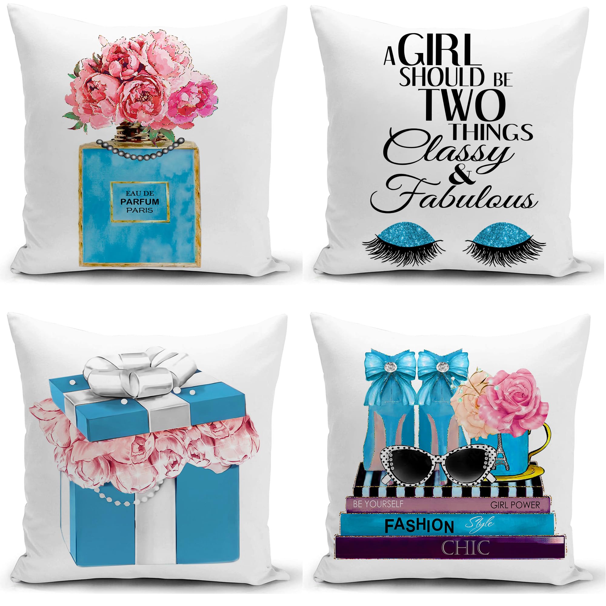 HSINYA Set of 4 18x18 Blue Teal Throw Pillow Covers Fashion Soft Velvet Couch Bed Decorative Pillow Covers Pink Flower Perfume Words Eyelash Cute Accent Pillow Covers Teen Girls Bedroom Decor (Blue)