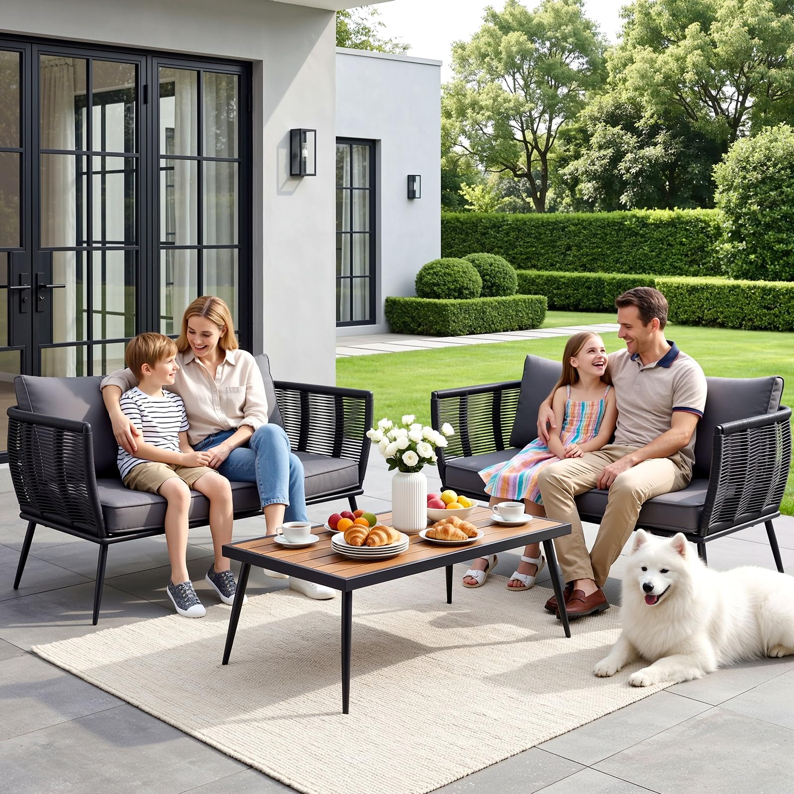 LIFERUN Sofá de ratán de 2 plazas, muebles de balcón, color negro, sofá, pequeño balcón, jardín de invierno, terraza, muebles de exterior e interior, banco de jardín resistente a la intemperie, banco
