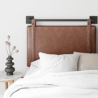 Best Nathan James Harlow Wall Mount Faux Leather or Fabric Upholstered Headboard, Adjustable Height Vintage Brown Straps with Black Matte Metal Rail, Twin Review 