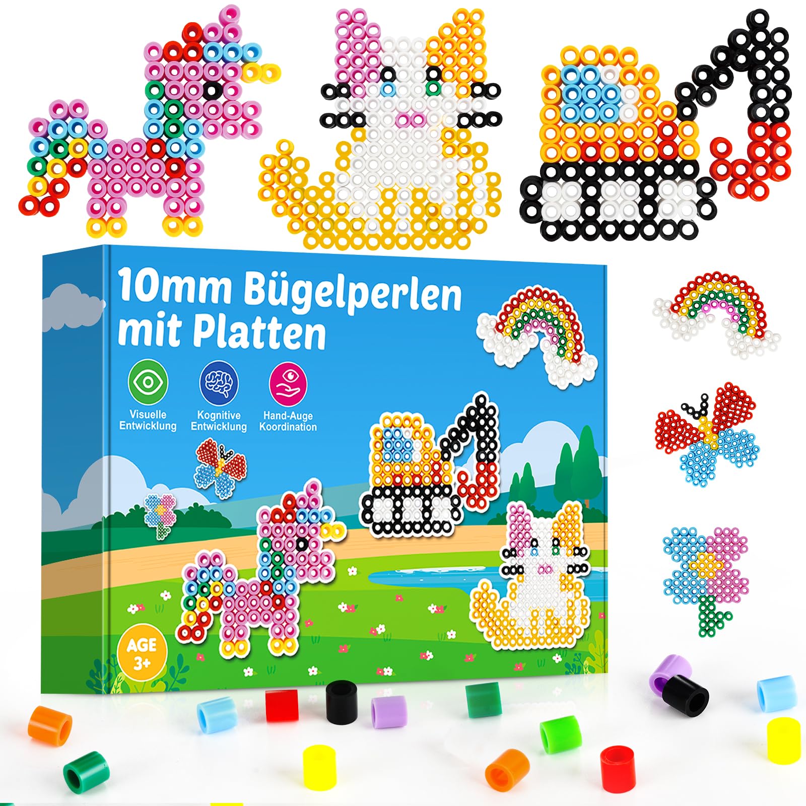 Bügelperlen Set Groß 10mm - Komplettset mit 2 Bügelplatten, Vorlagen für Kinder ab 3 Jahre - Extra Große Perlen für Kleinkinder