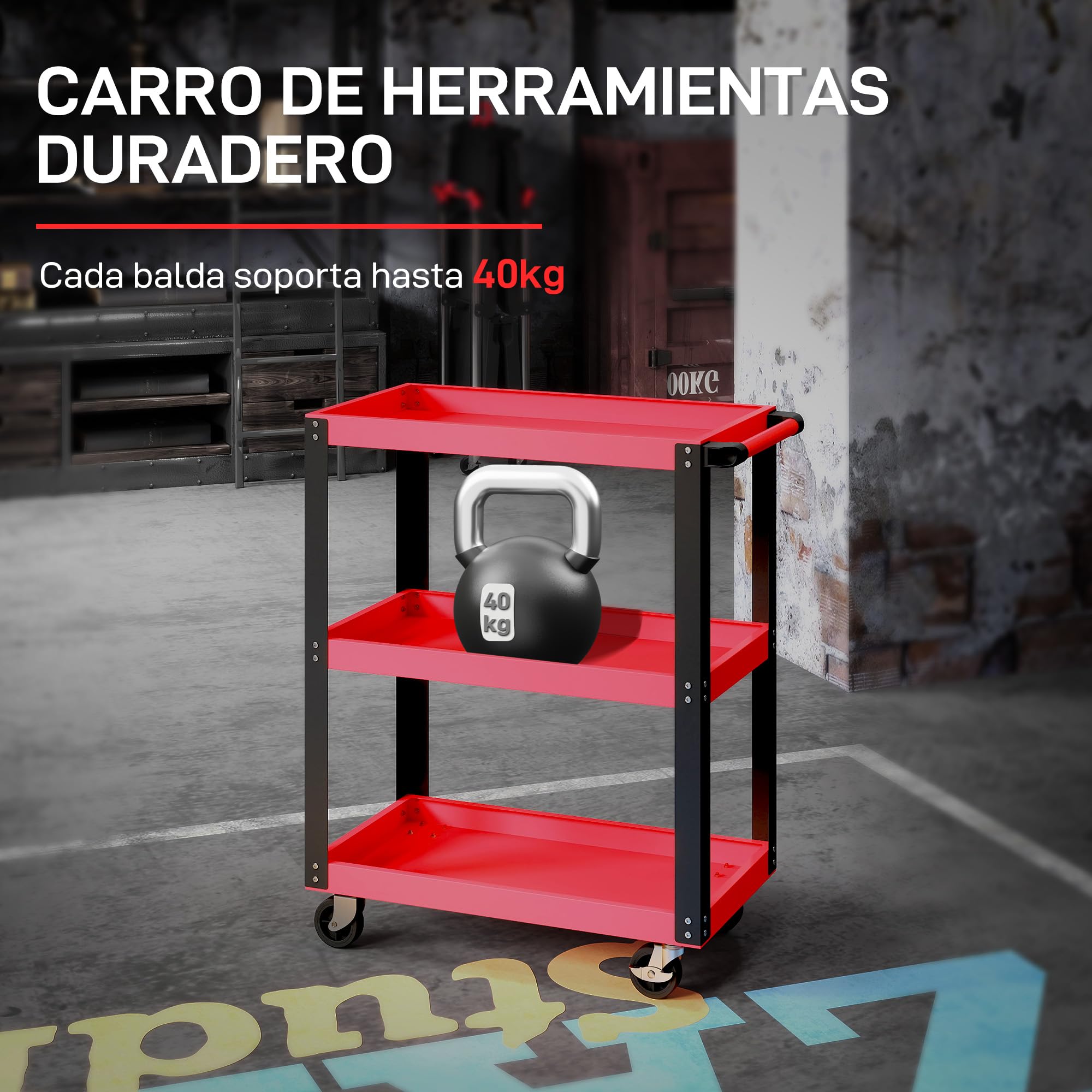 HOMCOM Carro de Taller, Carro de Herramientas con 3 Estantes, Ruedas con Frenos y Asa Lateral, para Garaje Mecánico, Hogar, Carga 120 kg, Rojo