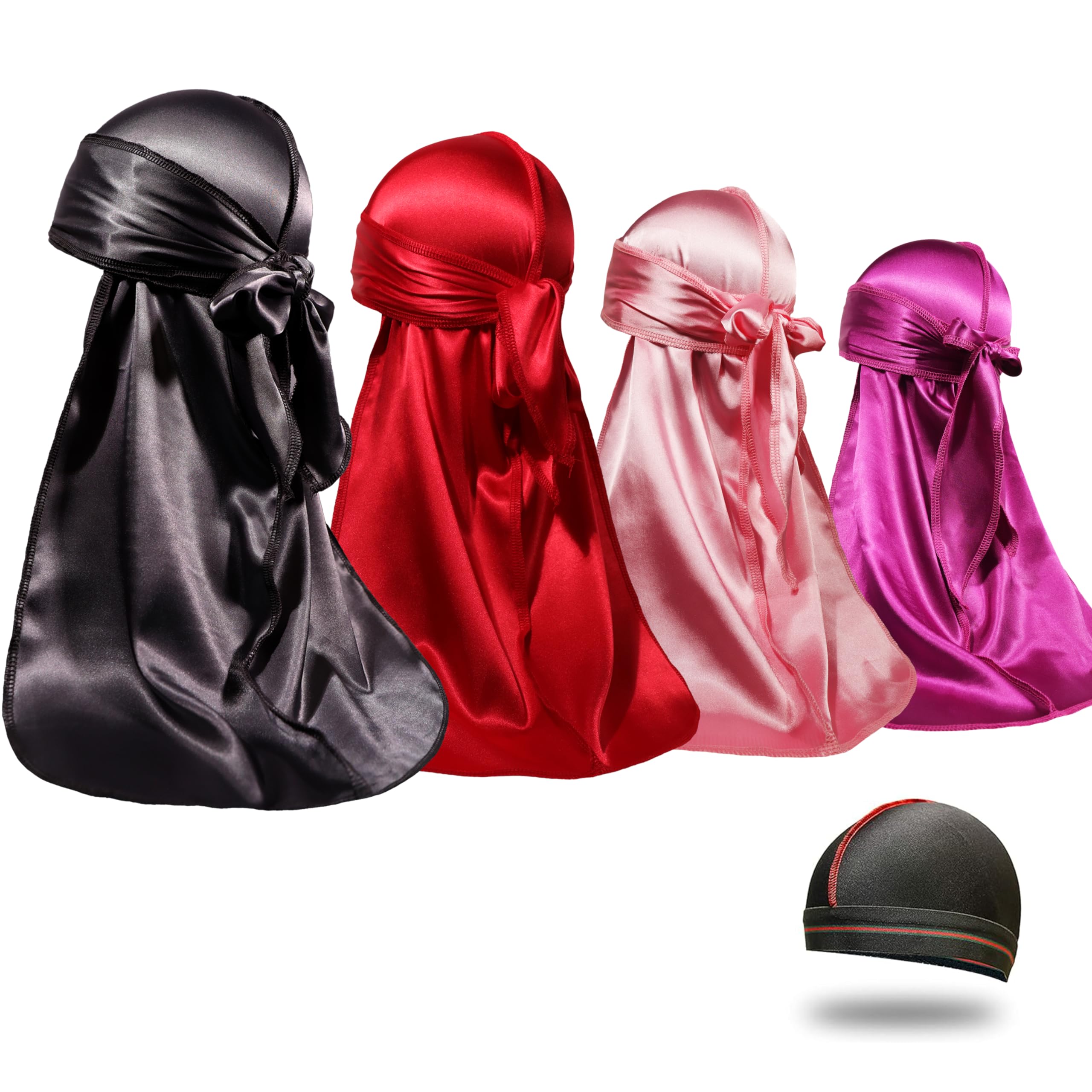ForceWave 4PCS Silky Durags for Men Women 360 Waves with 1 Wave Cap | Silky Satin Moisture-Tech Fabric, Extra Long Tails, Unisex Fit, for Workouts, Cycling and Wave Training