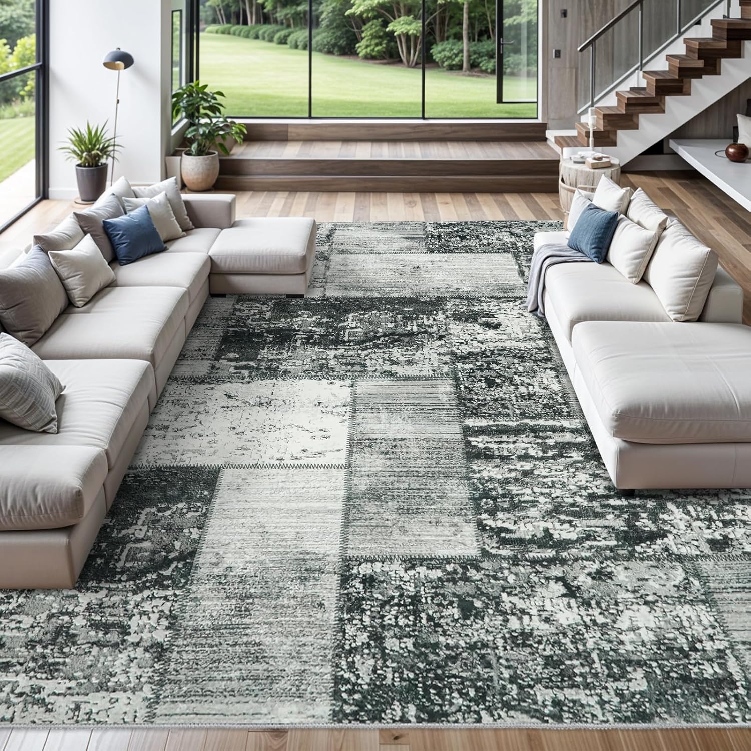 RUUGME Abstract 10X14 Washable Rug - Area Rugs for Living Room Large Indoor Ultra Thin mat for Bedroom Stain Resistant Non-Slip Backing Distressed Soft Room Farmhouse Floor Carpet 10X14 Black V Black/White 10X14