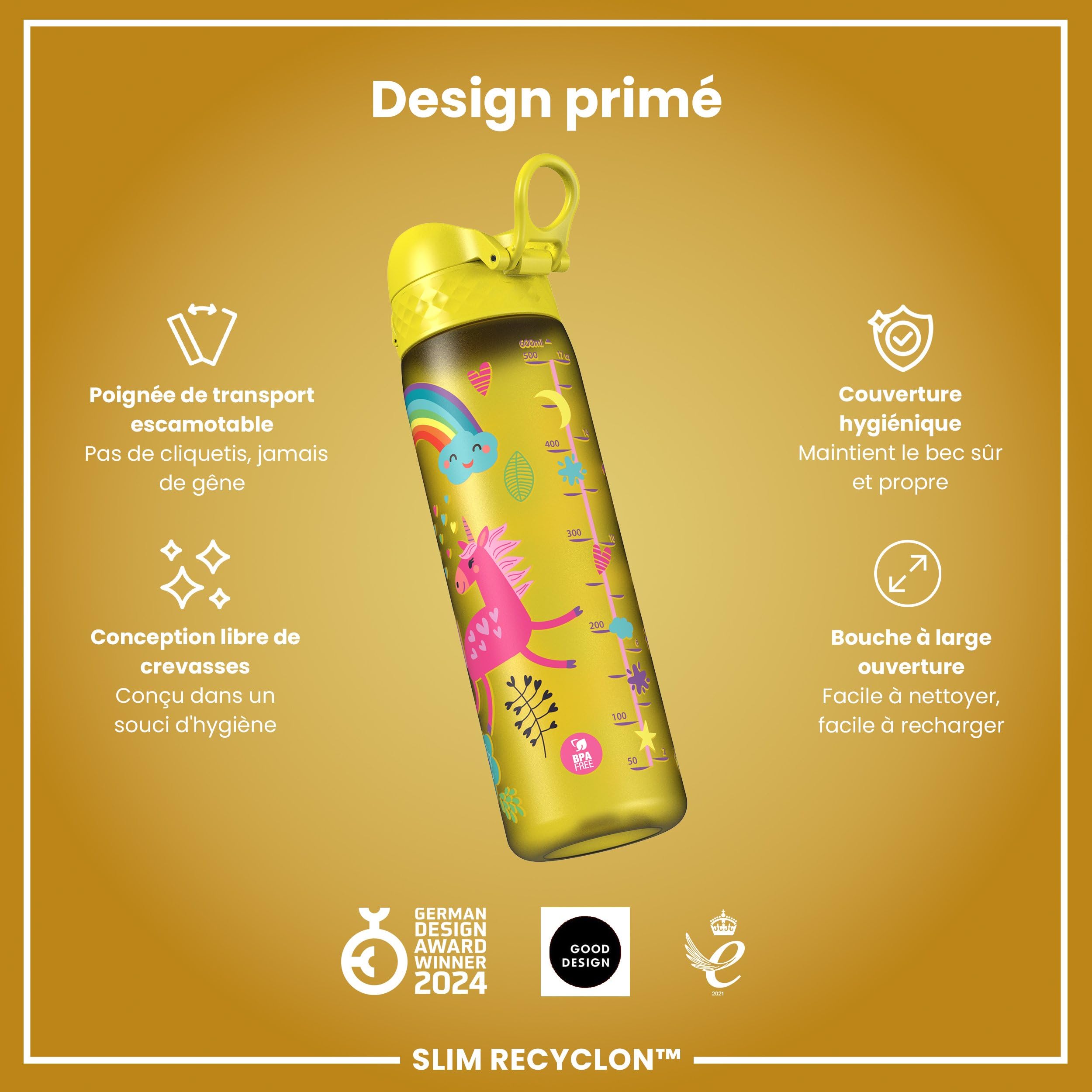 Gourde Ion8 500ml Isotherme - Anti-fuite, Couvercle OneTouch, Sans BPA - Motif Licorne - Pour école, Sport, Voyages - 8