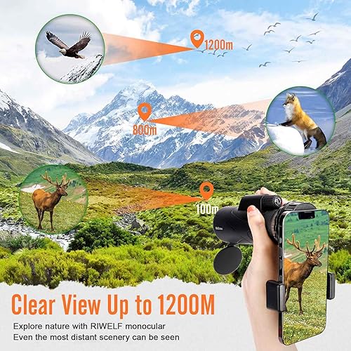 Miniatura 6 de RIWELF Telescopio monocular de 12 x 55, monocular para adultos de alta potencia con lente BAK4 Prism FMC con adaptador para teléfono inteligente y