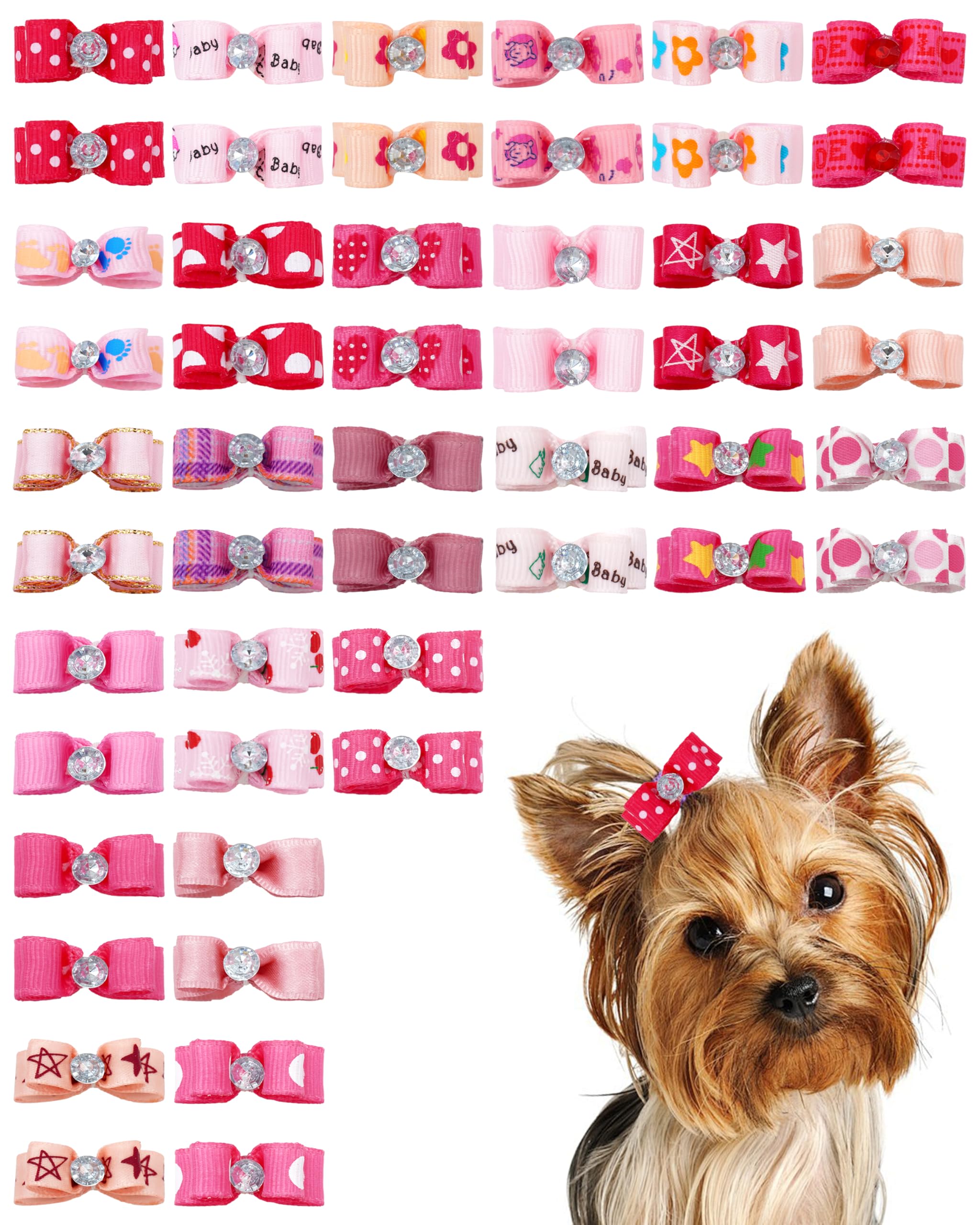 PET SHOW 50 Pack Mini Pink Dog Hair Bows with Rubber Bands for Small Dogs Girl Female Ribbon Rhinestone Assorted Dog Puppy Yorkie Grooming Tiny