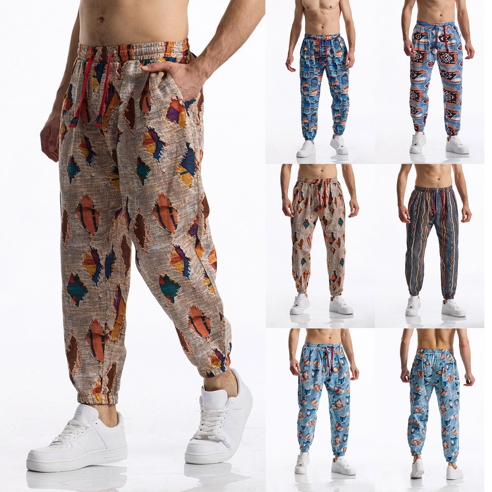 MakingDa Pantalon de survêtement en coton imprimé 3D pour homme - Taille élastique - Hippie Bloomers - Pantalon cargo pour la plage, la marche, la course à pied, le jogging