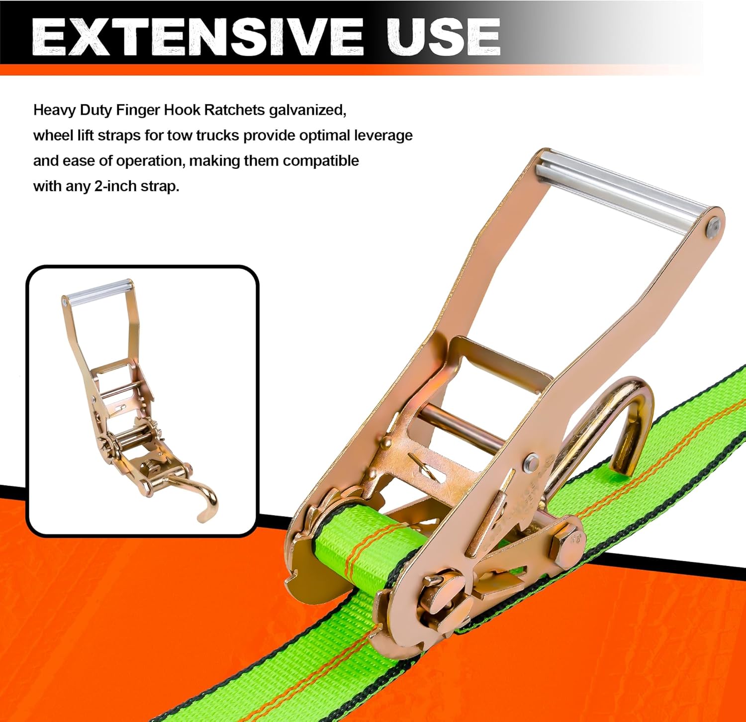 Wheel Lift Straps,2pack,2" X10'Quick-Pick Wheel Lift Strap with Finger Hook Ratchet to fit Jerr-Dan MPL Element Tire Basket Strap with Side Hook Heavy Duty