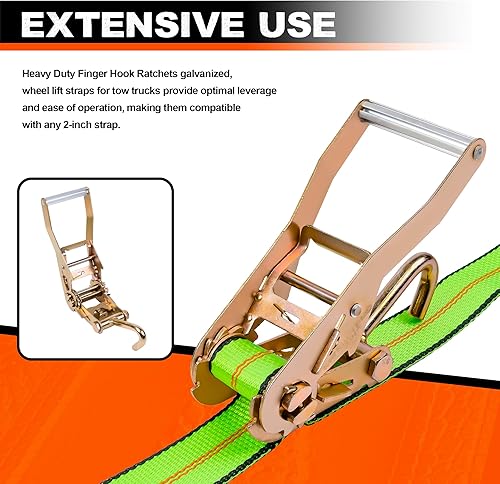 Miniatura 5 de Correas de elevación de rueda, paquete de 2, correa de elevación de rueda de selección rápida de 2 pulgadas x 10 pies con trinquete de gancho para