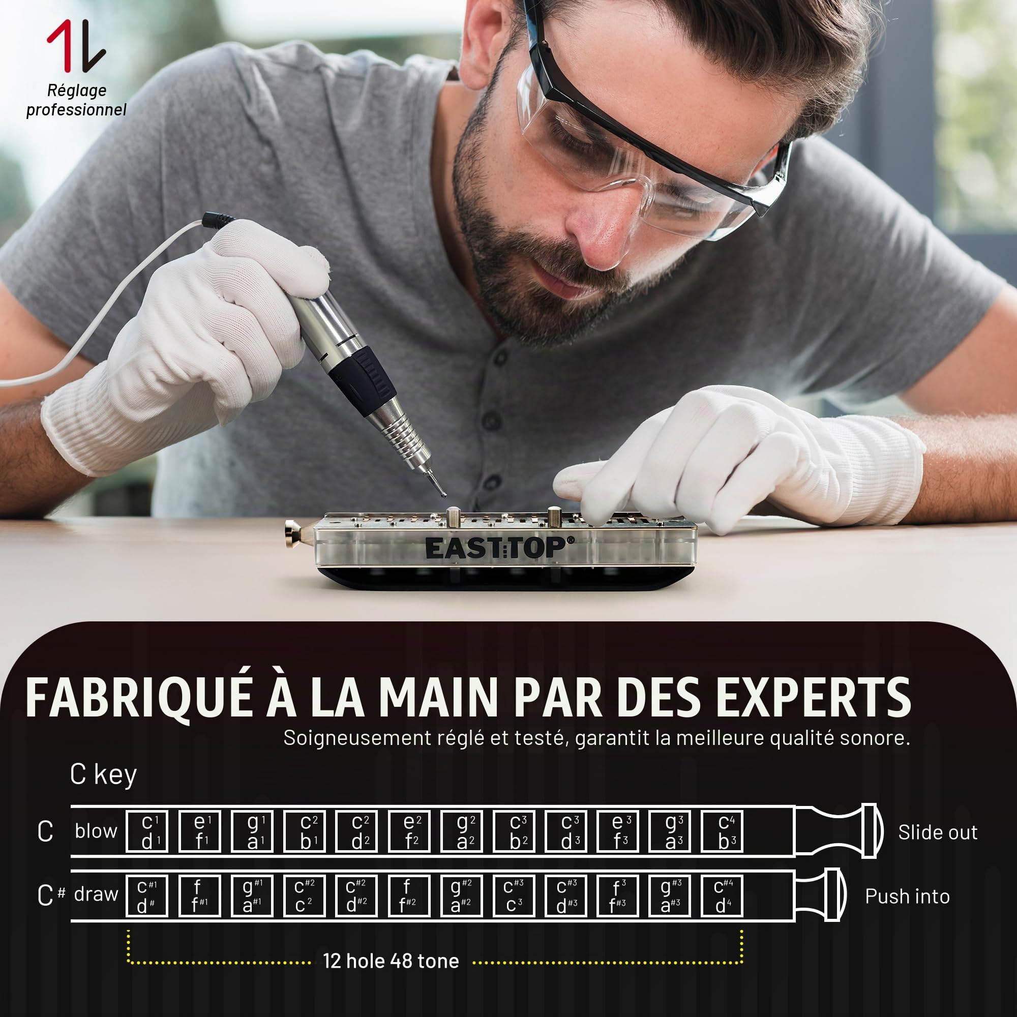 EAST TOP Harmonica chromatique en Do - 12 trous - 48 tons - Orgue professionnel - Pour adultes, professionnels et étudiants - Noir