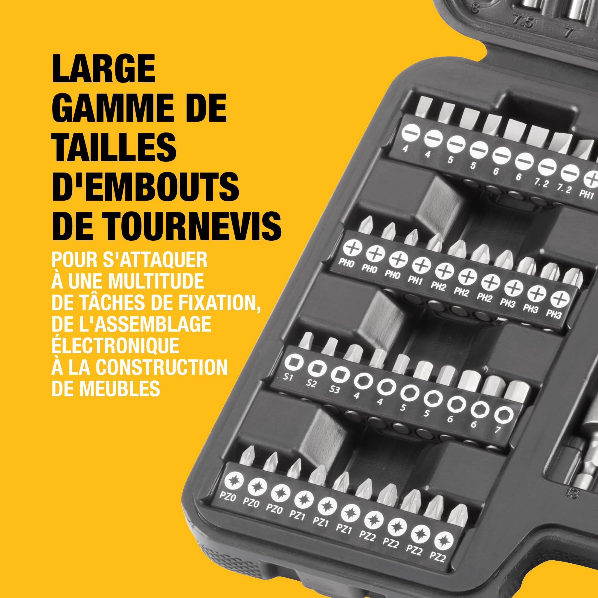 DEWALT Coffret de 109 Accessoires Percage Vissage.13 Forets HSS, 13 Mèches à bois, 5 Mèches Béton,50 Embouts de vissage 25mm, 13 Embouts 50mm, 10 Douilles, 2 Extracteurs de vis,1 Fraise, DT0109-QZ
