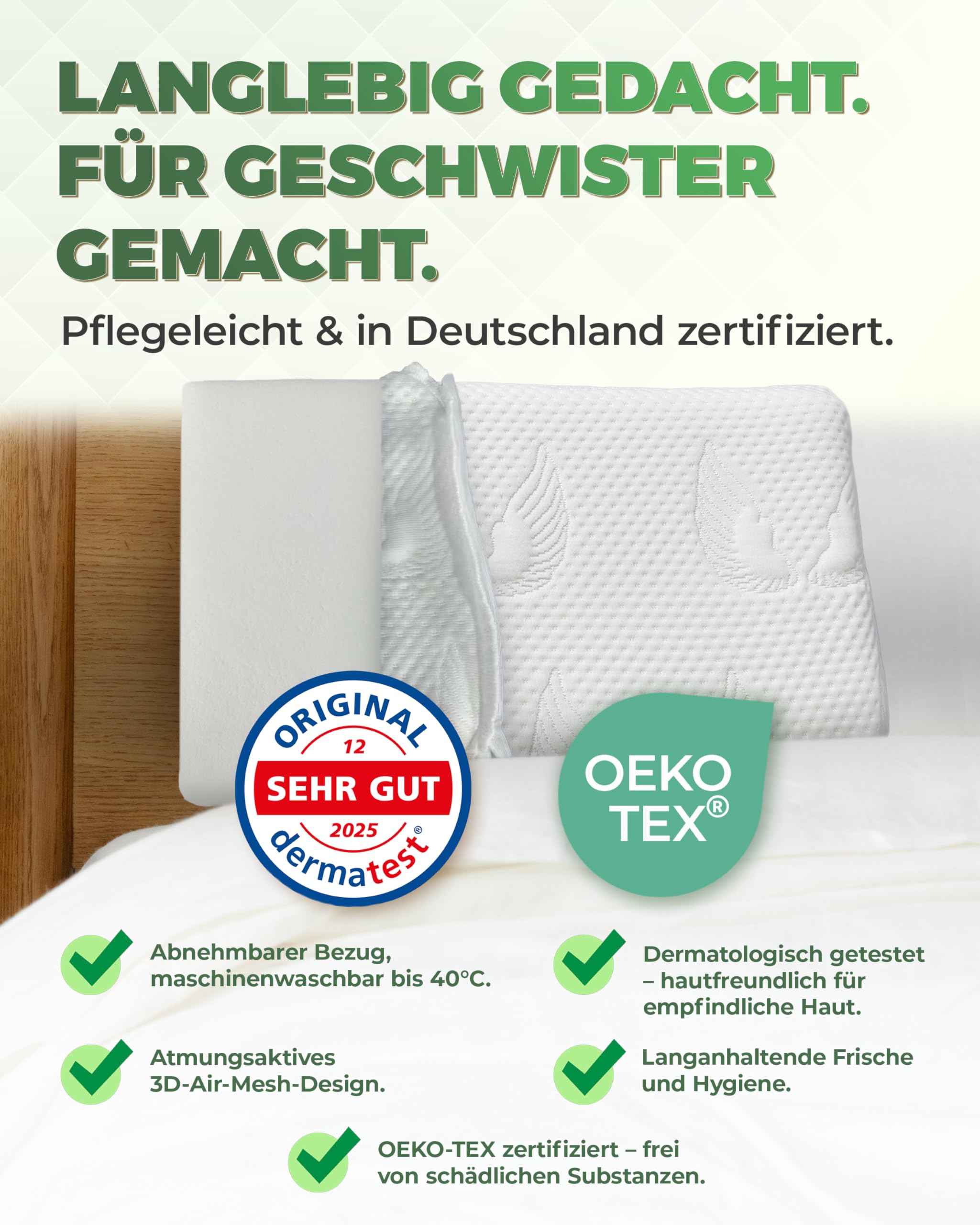 Welldora Kinderkissen Memory Foam 30x50 cm ergonomisches Kopfkissen für Kinder 2-8 Jahre mitwachsend atmungsaktiver 3D-Tencel-Bezug Oeko-TEX zertifiziert