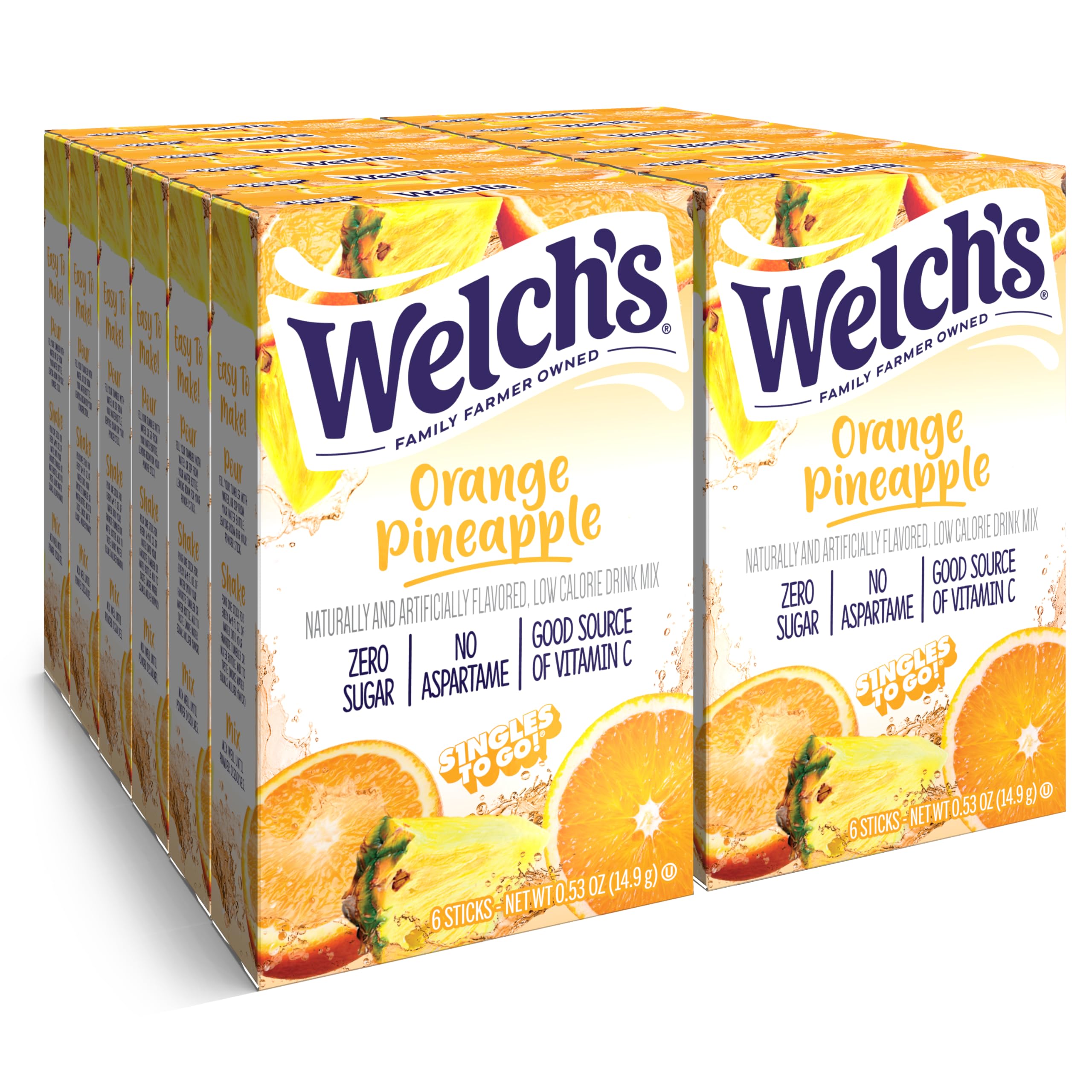 Welch's Singles To Go Water Drink Mix - Powder Sticks, 12 Boxes with 6 Packets Each - 72 Total Servings, Orange Pineapple, Pack of 12