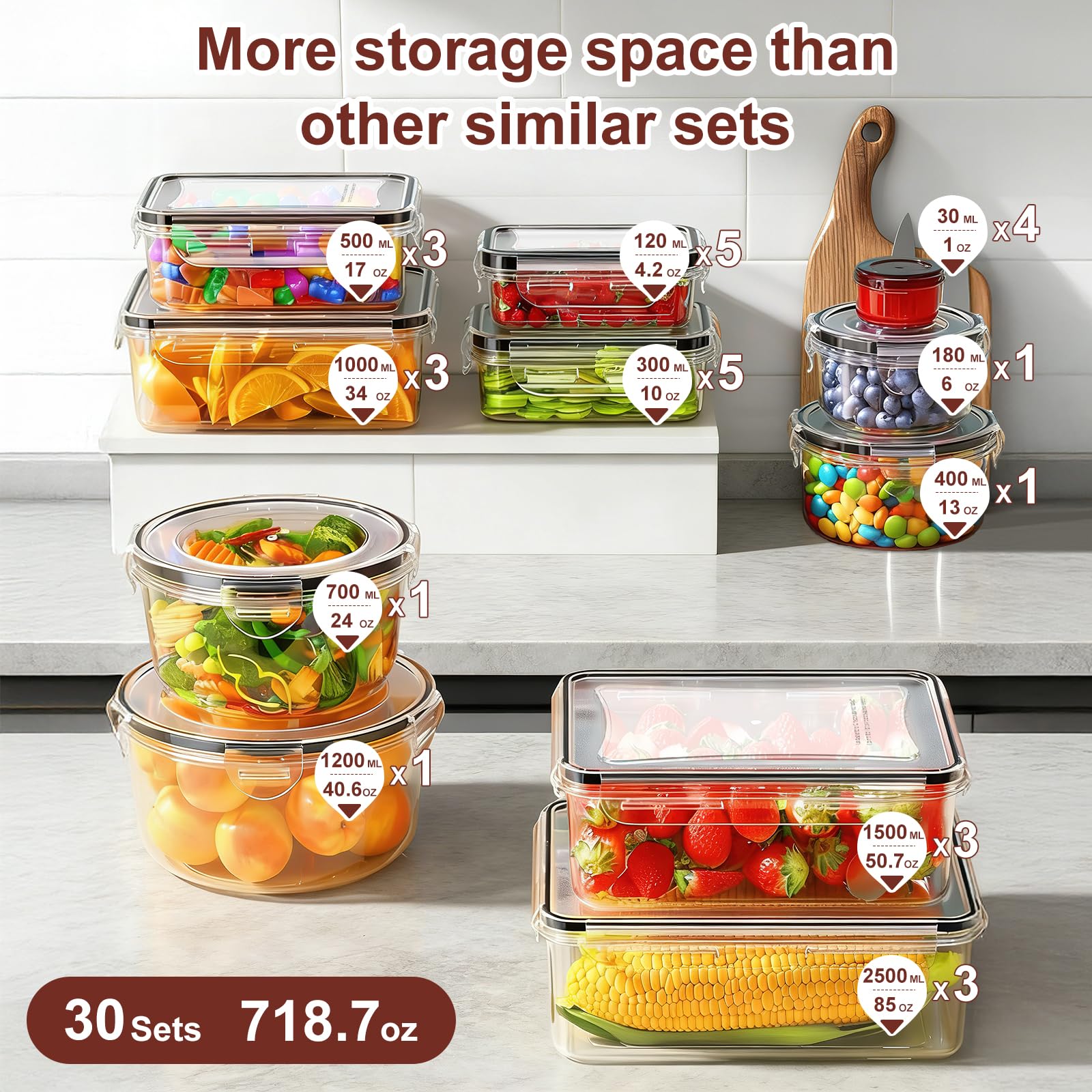 Set di 30 contenitori per alimenti con coperchio, ermetici, a prova di perdite, per cucina, preparazione dei pasti, senza BPA, in plastica senza PVC, adatti a microonde/lavastoviglie, etichette