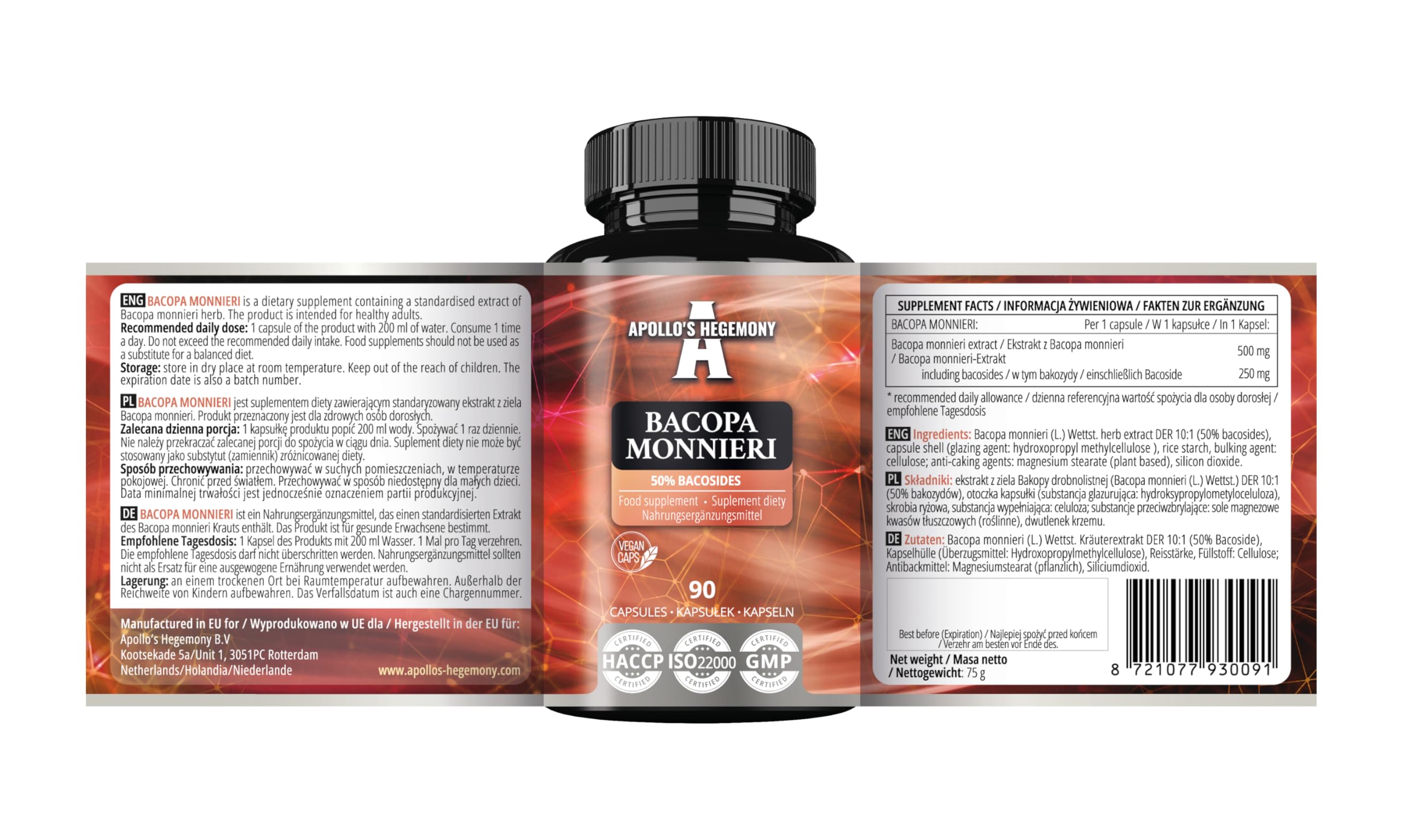 Bacopa Monnieri Extract 500mg, High Strength Brahmi Extract (50% Bacosides), 90 Vegan Capsules, 3 Months Supply, Herbal Supplements for Enhanced Mental Clarity and Focus by Apollo's Hegemony