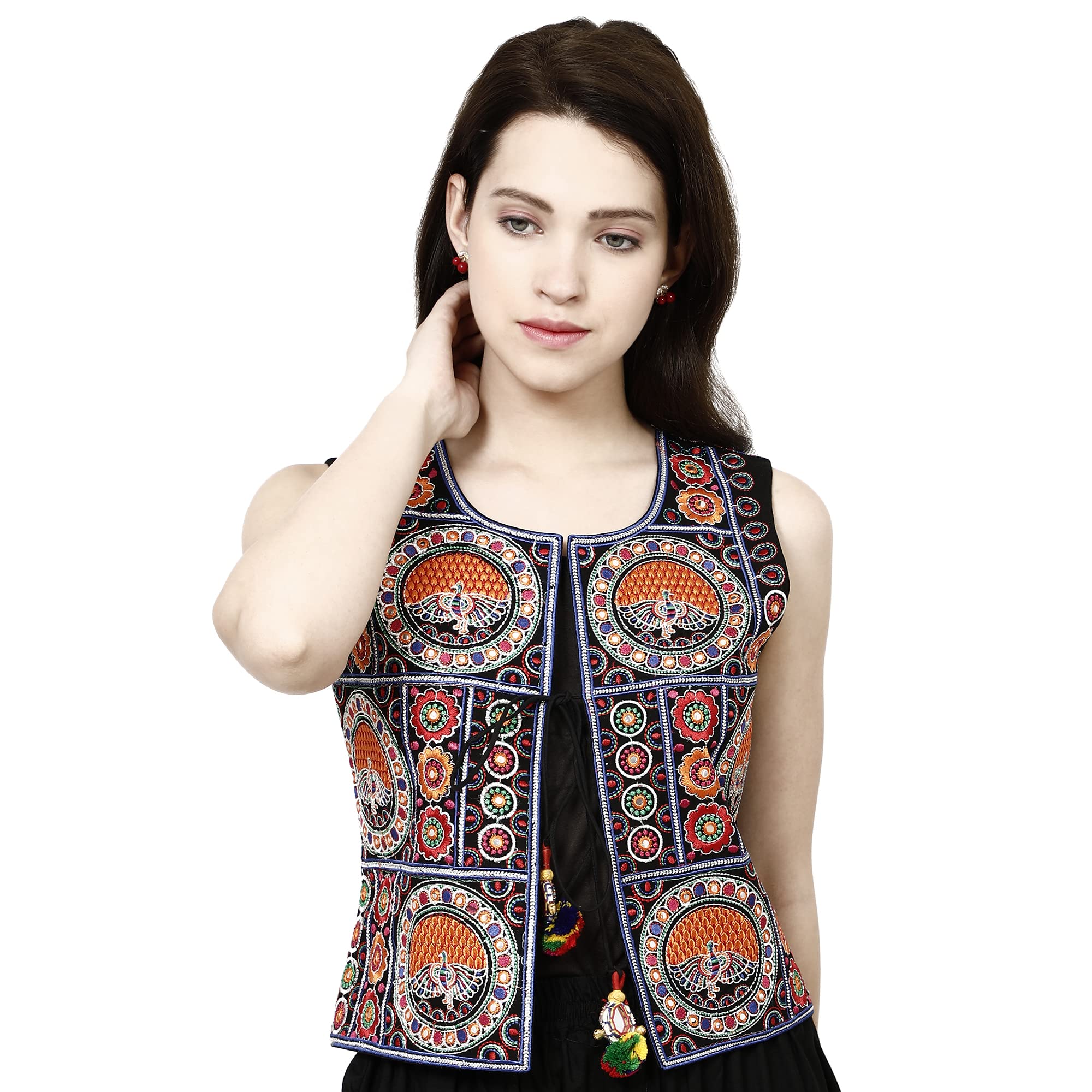 odhan Women's Embroidered Koti Jacket, Multicolour, Cotton, Sleeveless, Ethnic Bohemian Style, Floral Rajasthani Theme-picture-16