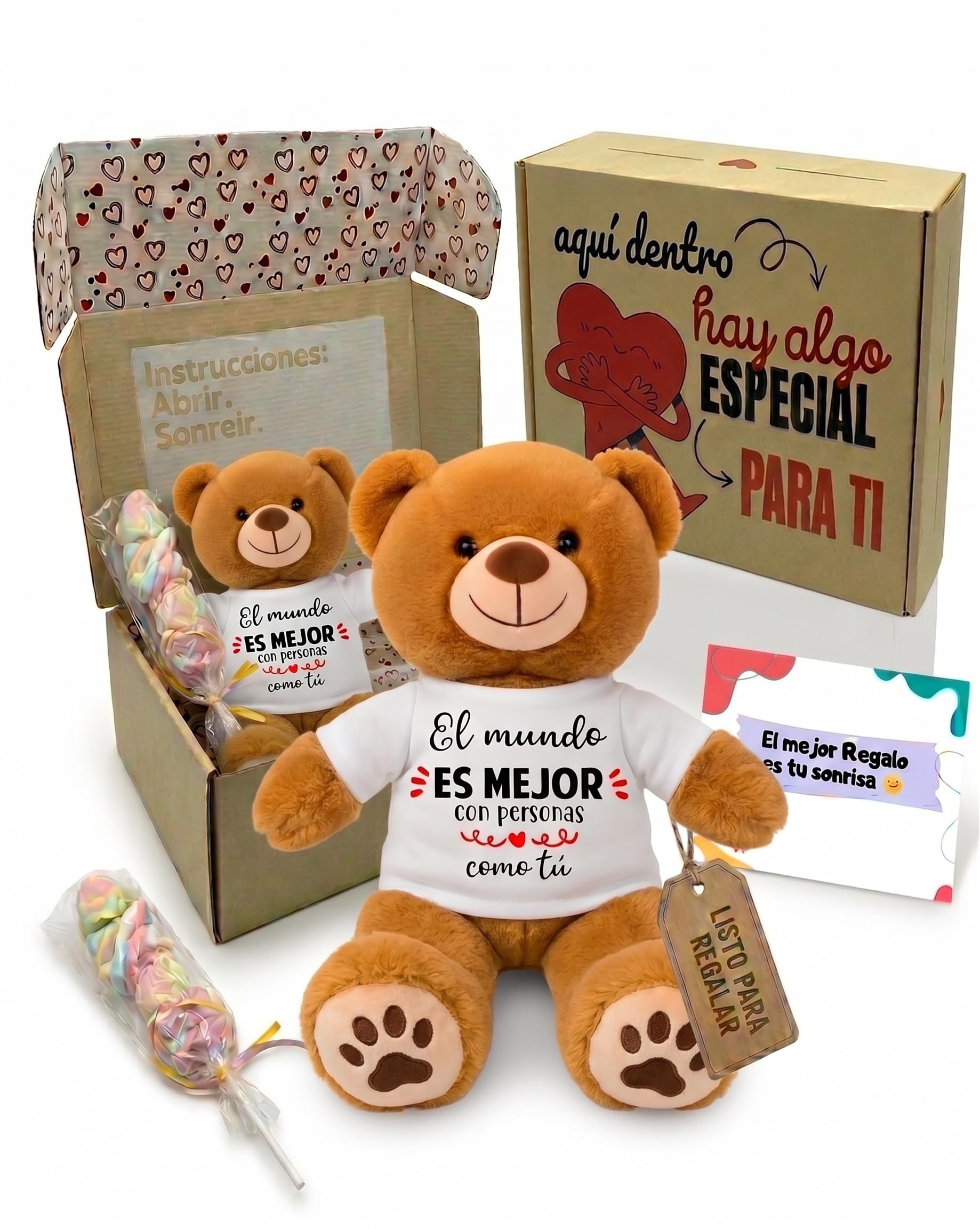 Peluchilandia Regalos Originales para Mujer y Amigas - Osito de Peluche con Mensaje Corazón en Caja Regalo - Detalle para Cumpleaños, Enamorados o Día de la Madre (MARRÓN)