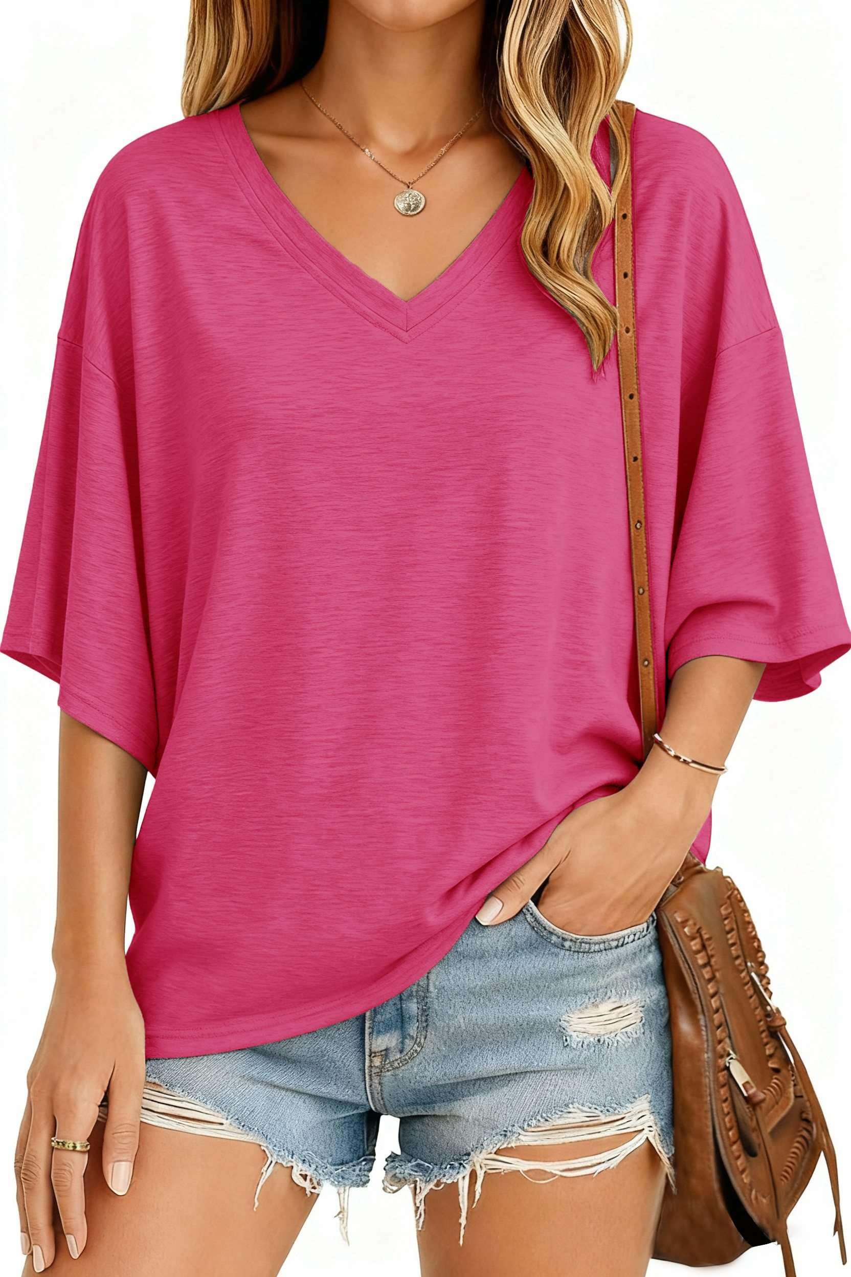 NAIOSS Damen T-Shirt Oversize Kurzarm Oberteil V-Ausschnitt Tunika Sommer Tops