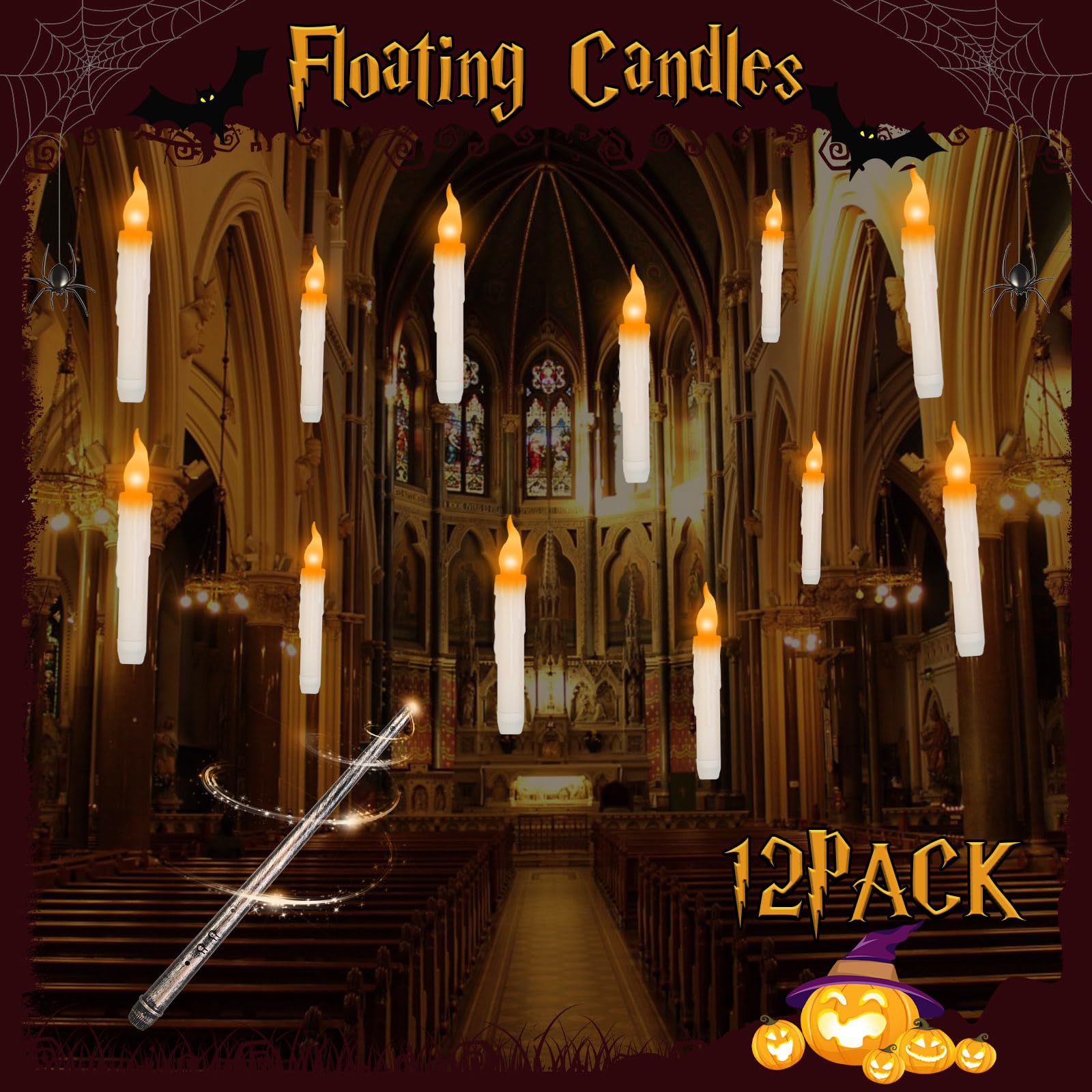 Zorpupoa Floating Candles with Wand Remote, Magic Hanging Candles Halloween Decorations, LED Flickering Flameless Candles for Party Room Home Ceiling Witch Decor, Halloween Gifts (Yellow)