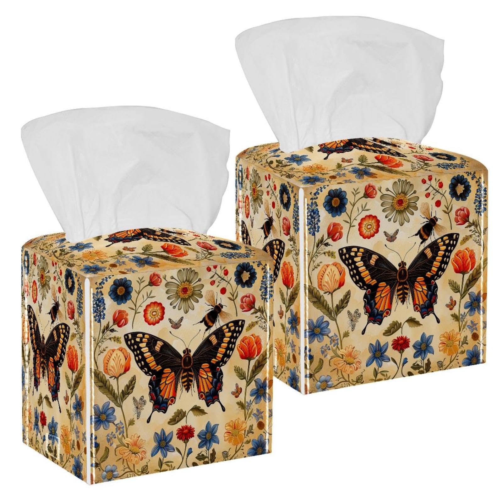Retro Golden Butterfly Tissue Box Cover, 2 Pack PU Leather Square Facial Tissue Dispenser Box holder for Home Office Car