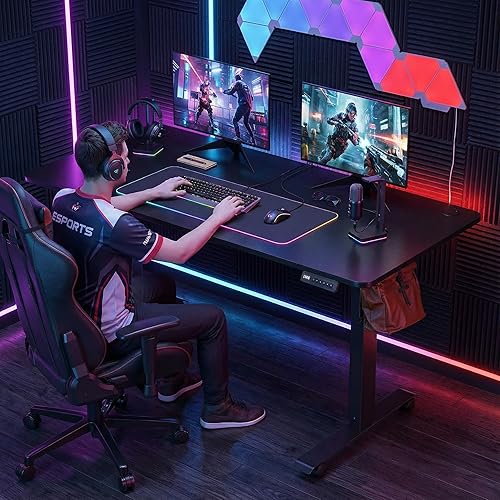 Miniatura 2 de Escritorio de pie de altura ajustable, mesa eléctrica ajustable de altura, escritorio de pie de 55 x 24 pulgadas con ganchos dobles y ruedas, rango