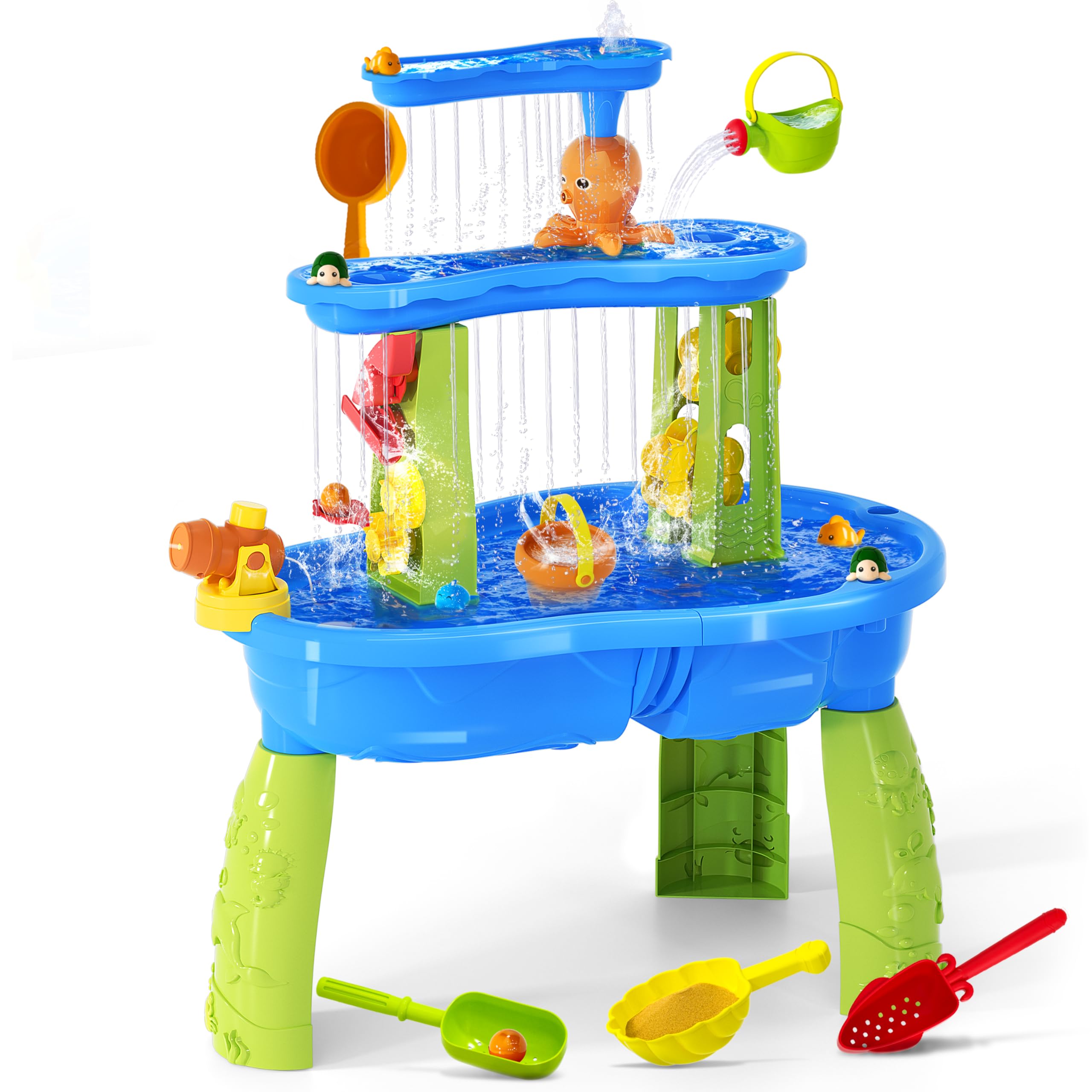 Child playing with the maysida 3-Tier Water Table, pouring water into the top tier to create a waterfall