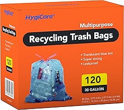 HygiCare 30 Gallon Recycling Trash Bags, Unscented 120 Count Drawstring Garbage Bags, Pre-Separated, Ultra Strong, Leakproof, Sturdy, Translucent Blue