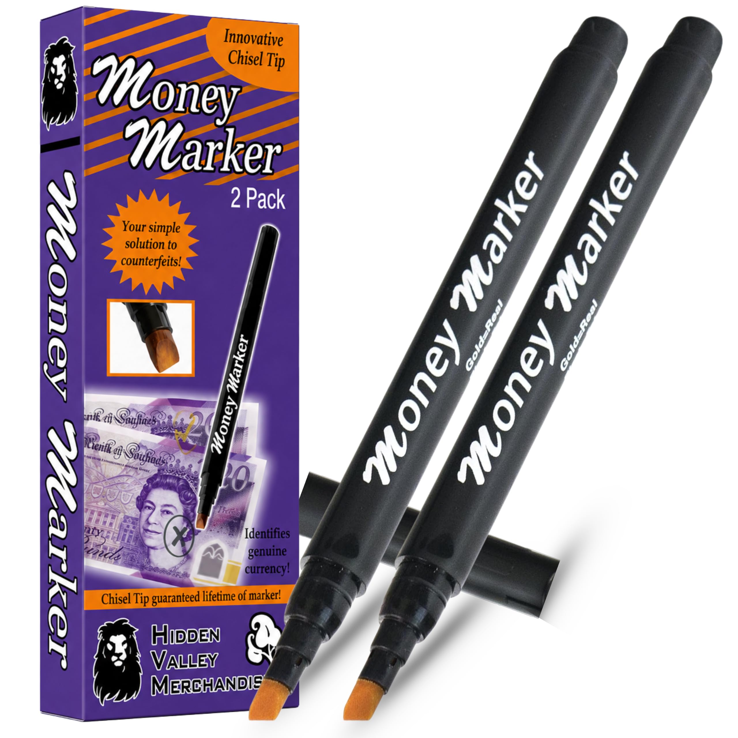HVM Marking Pen (2 Count), Refillable, Chisel Tip - Universal Compatibility, Ambidextrous Design, Detects Fake Currency