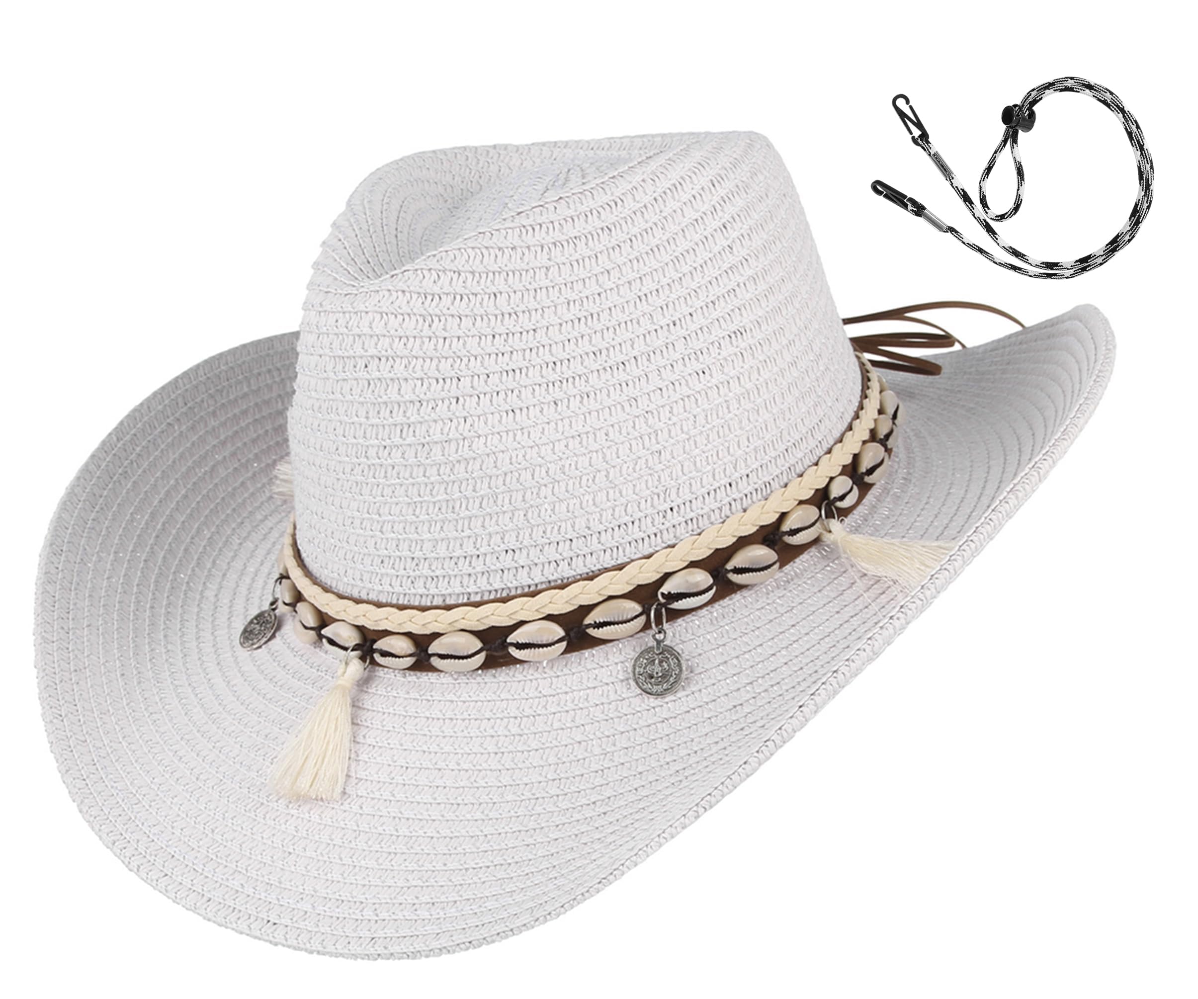 GEMVIE Women's Summer Straw Cowboy Cowgirl Hat Sun Hats Wide Brim Beach Holiday Straw Hat with Shell Band White