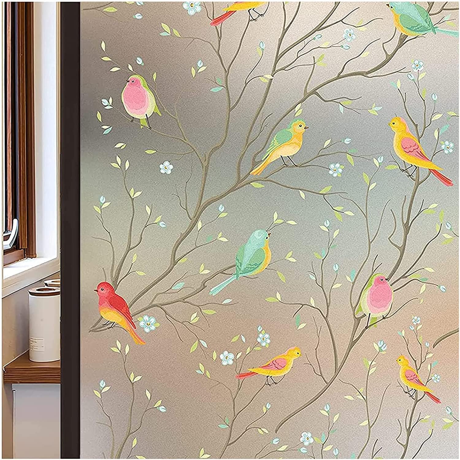PREXI Window Film Decorative No Adhesive, Frosting Privacy Film for Glass Windows, Static Cling Frosted Window for Home Office UV Protection 45x200cm (GLUELESS Glass Birds Film)