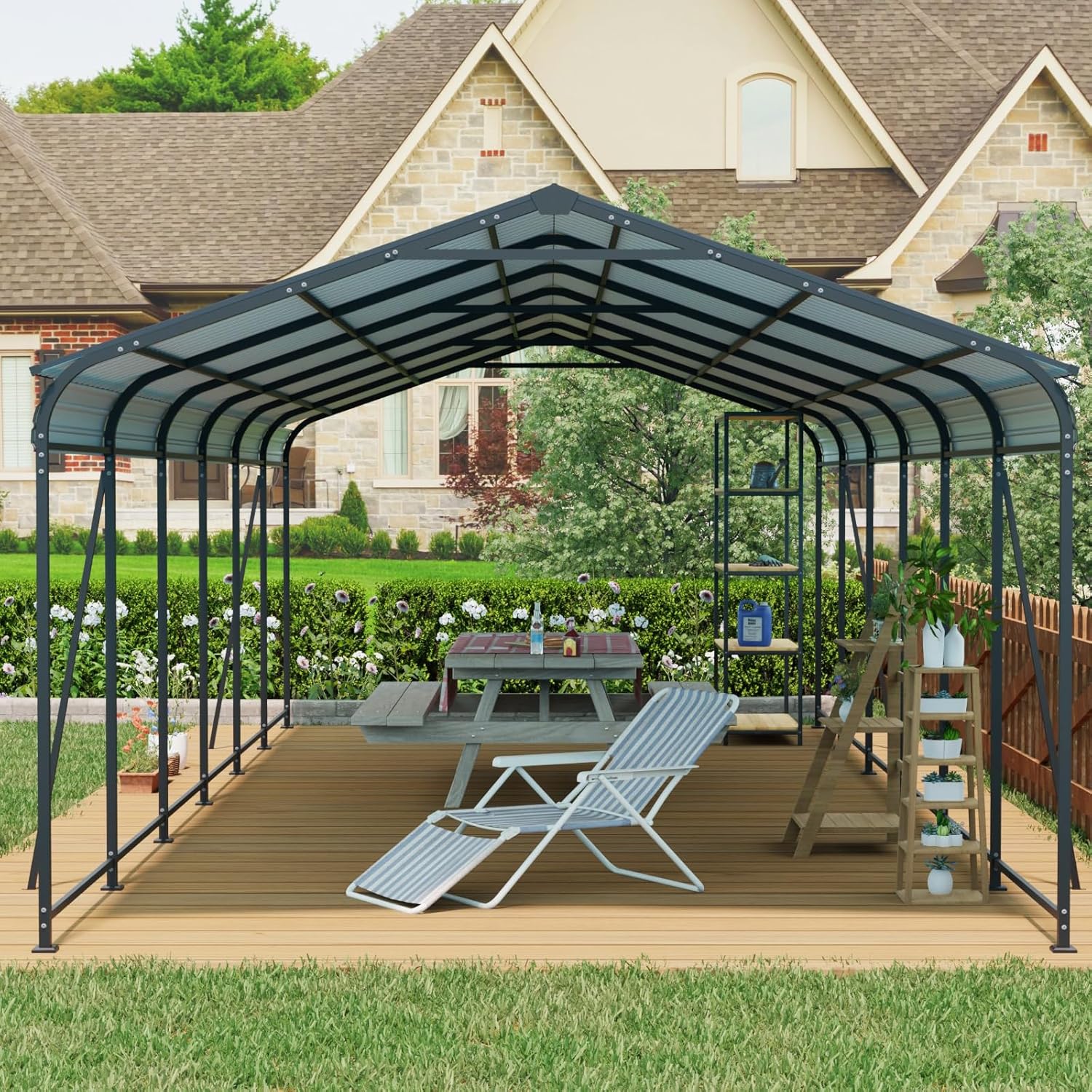 12 × 32 FT Carport, Metal Heavy Duty Carport Canopy with Galvanized Steel Roof and Frame, Large Garage with Fixed Inclined Square Tube Supports for Driveway Car, Truck Black
