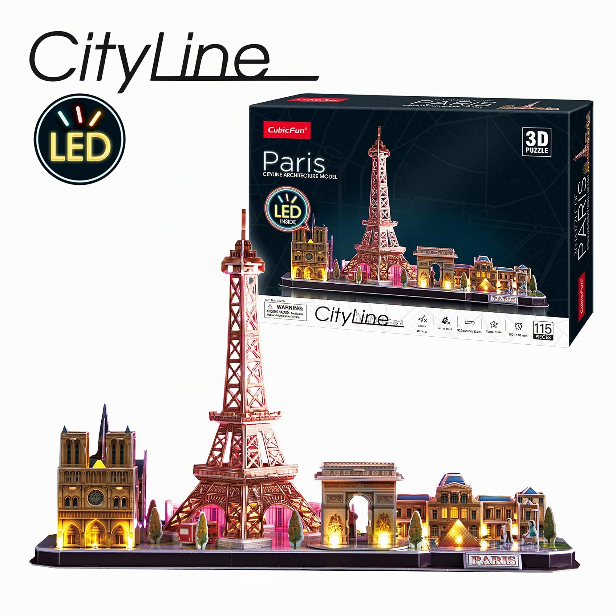 Puzzle 3d - Paris Led Cityline | Puzzle 3d Bambini E Adulti | Modellini Da Costruire | Modellismo Da Costruire Adulti | Regalo Bambino 8 Anni | 115 Pezzi